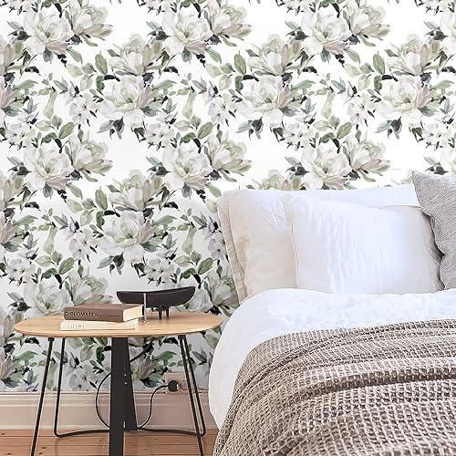 Miniatura 9 de Blooming Wall DPYB26 - Papel tapiz autoadhesivo con diseño de magnolia blanca y pintura al óleo fresca, papel pintado prepegado, decoración de pared