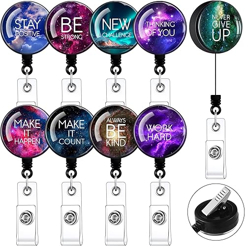 Zonon Carrete retráctil de 9 piezas con clip de cocodrilo giratorio, cita de motivación, lindo clip retráctil para tarjetas de identificación,