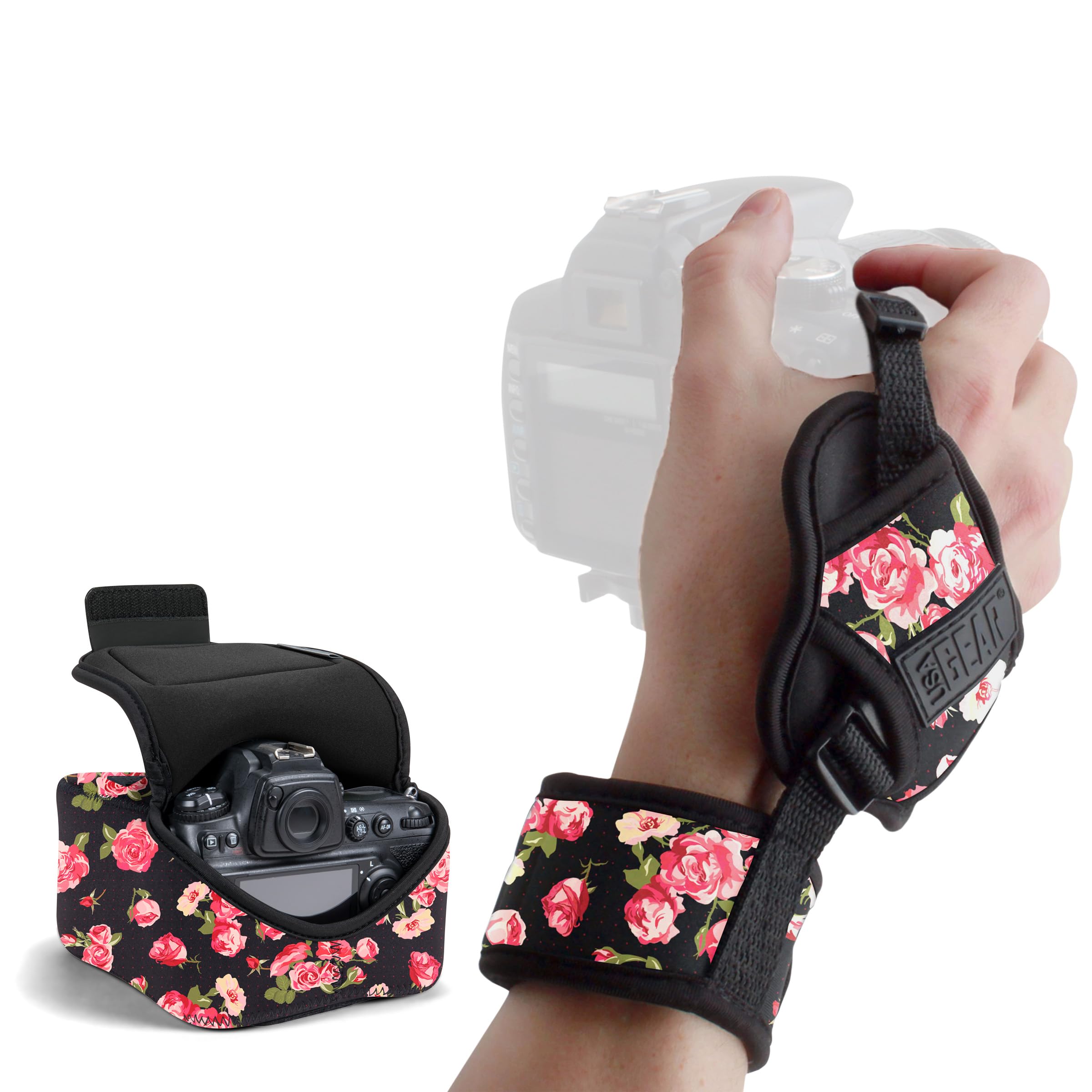USA Gear Grand étui pour Appareil Photo (Floral) + Dragonne pour Appareil Photo (Floral), Lot