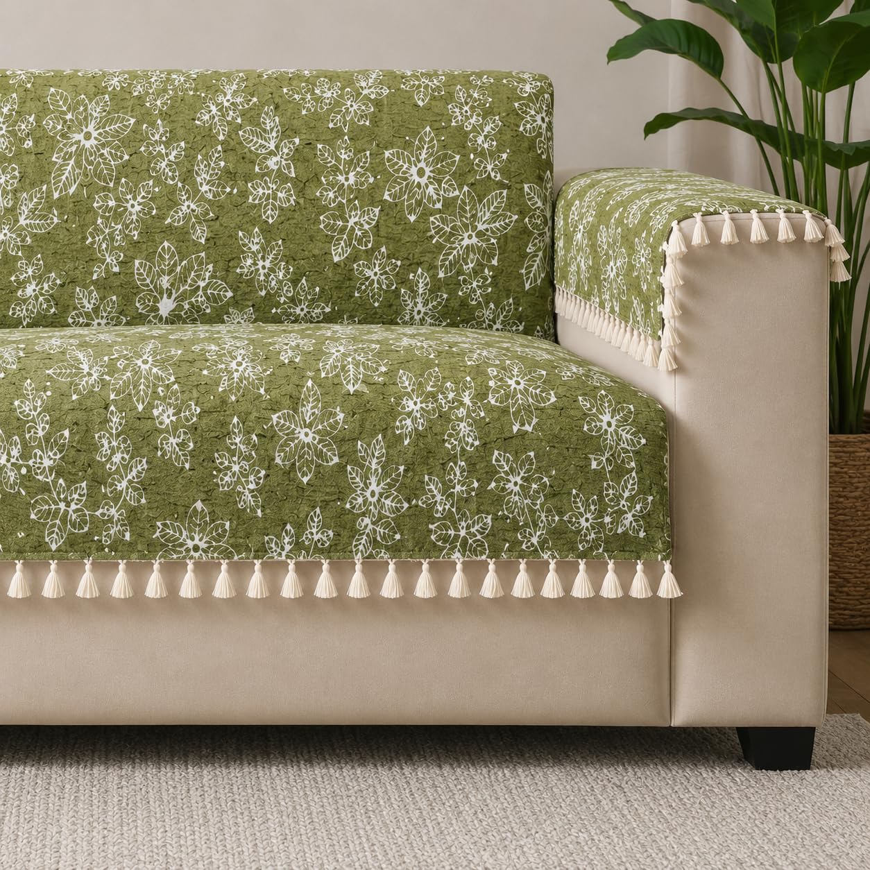 STITCHNEST Woven Fabric Sofa Cover 1 Seater with 2 Hand Rest Covers – Washable Green Sofa Cover with Tassels – Durable Premium Fabric – Stylish Sofa Protector for Living Room & Furniture Decor-image-2