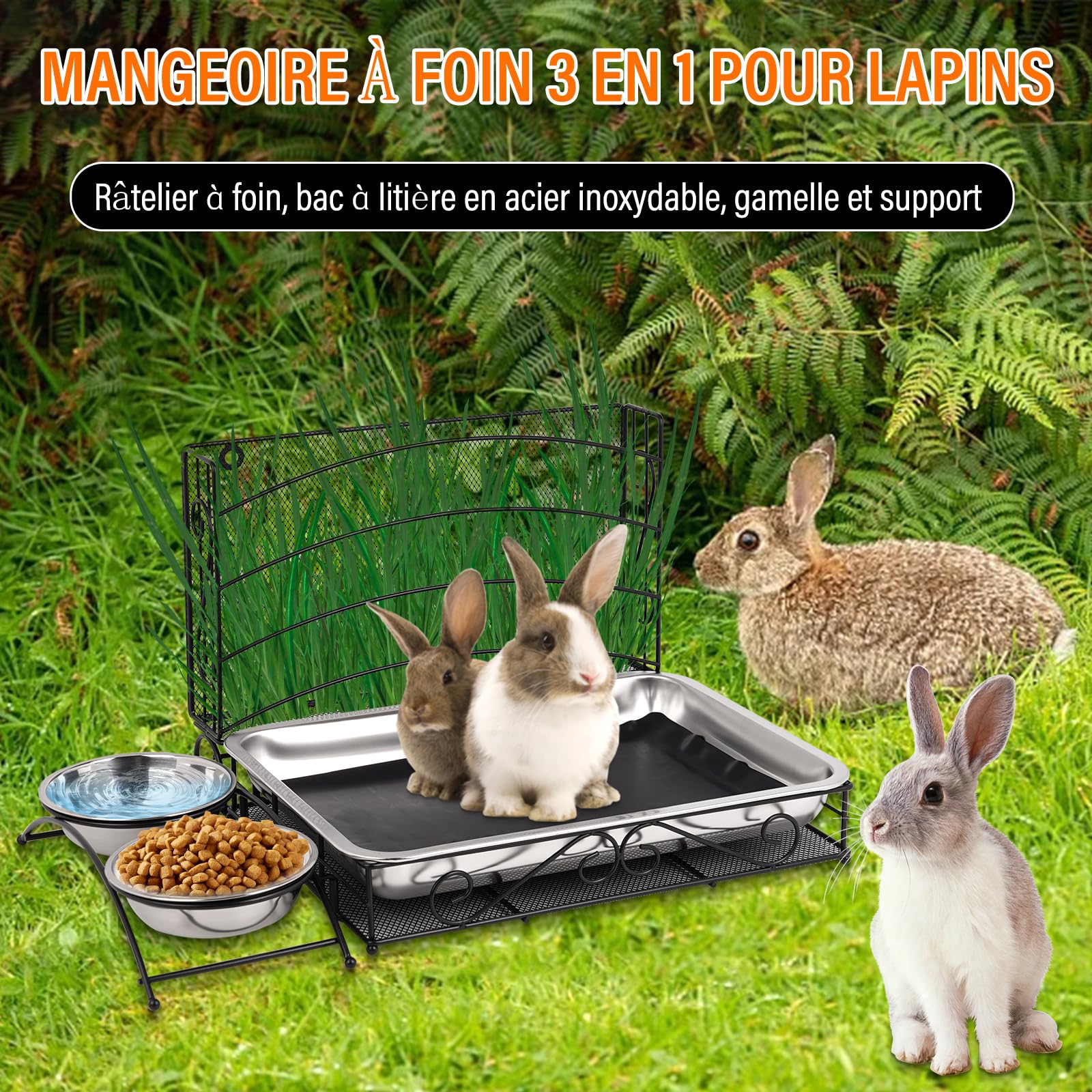 Mangeoire à Foin Pour Lapin 3-en-1 Avec Tapis Imperméable et Bol d'Eau