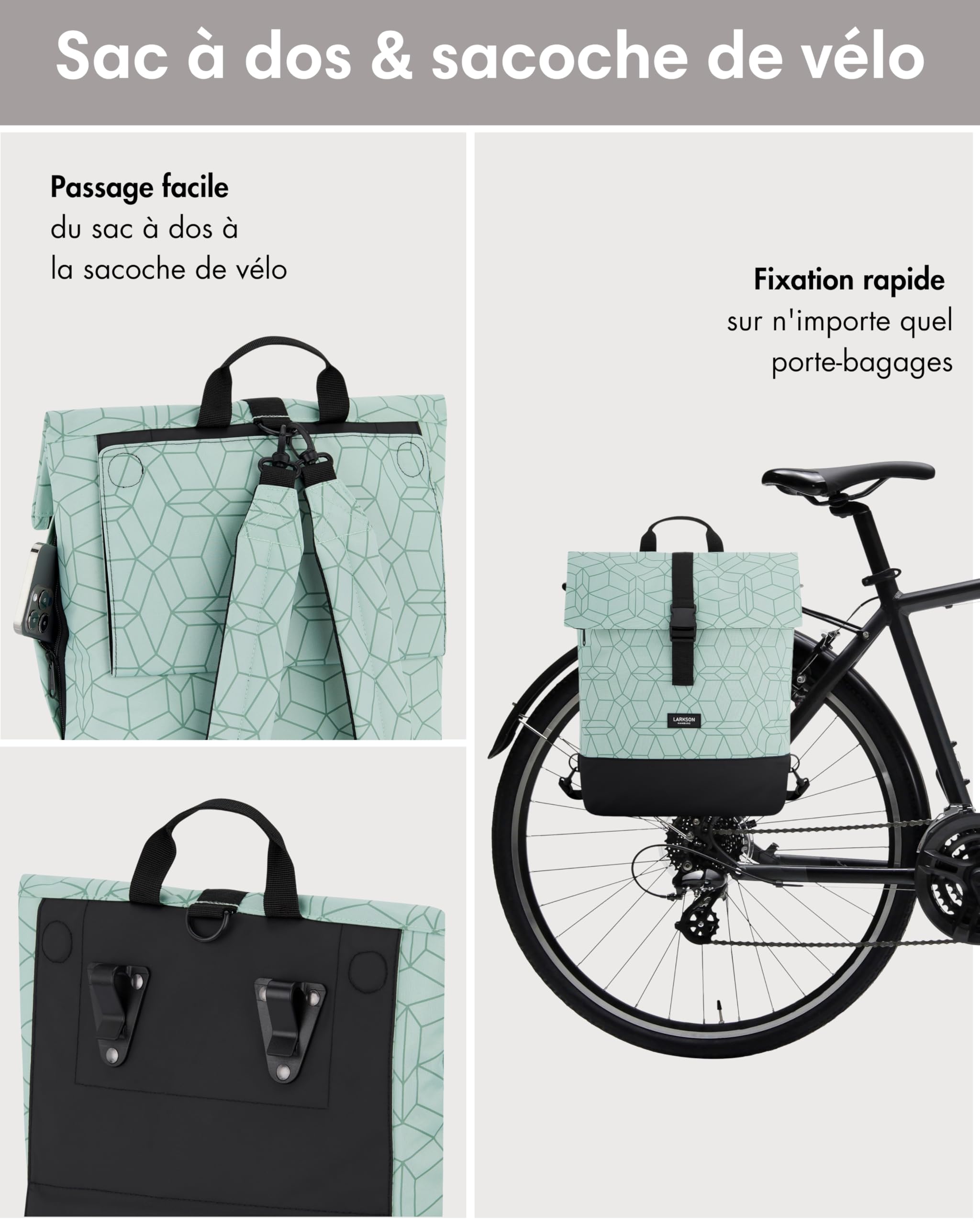 LARKSON Sacoche Vélo Menthe - Tammo Bike - Sac à Dos Multifonctionnel 2 en 1 & Sacoche Arrière Bicyclette - Hydrofuge