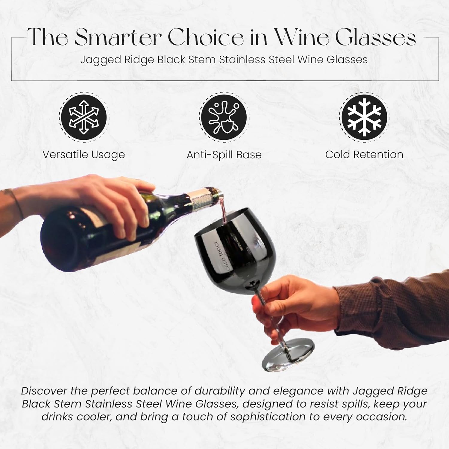 Jagged Ridge Wine Rooms Black Stem Stainless Steel Wine Glass (Handwash Only) - Steel Glasses for Parties, Picnics & Special Occasions - Crafted for All Wine Enthusiasts - Set of 4 (Black)