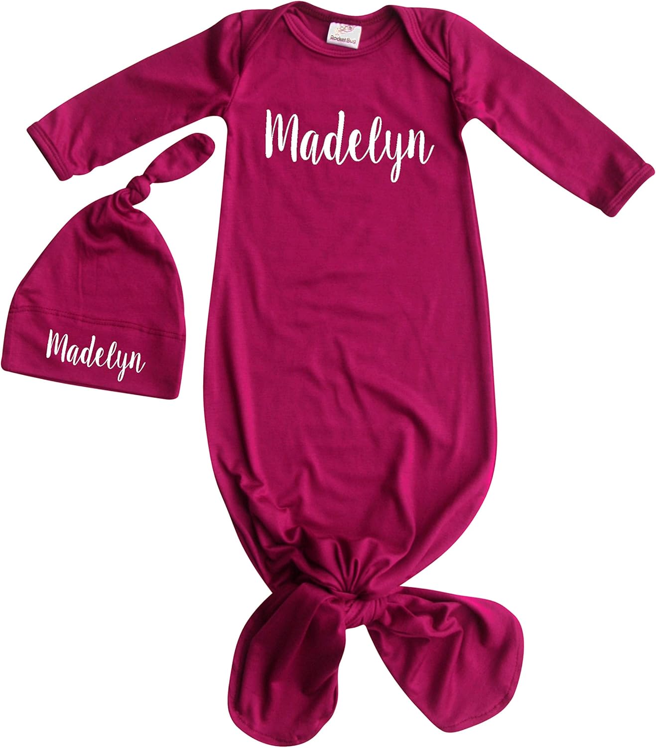 Rocket Bug 'Lush' Silky Knotted Baby Gown with Matching Personalized Hat-Girl, Boy, Gender Neutral