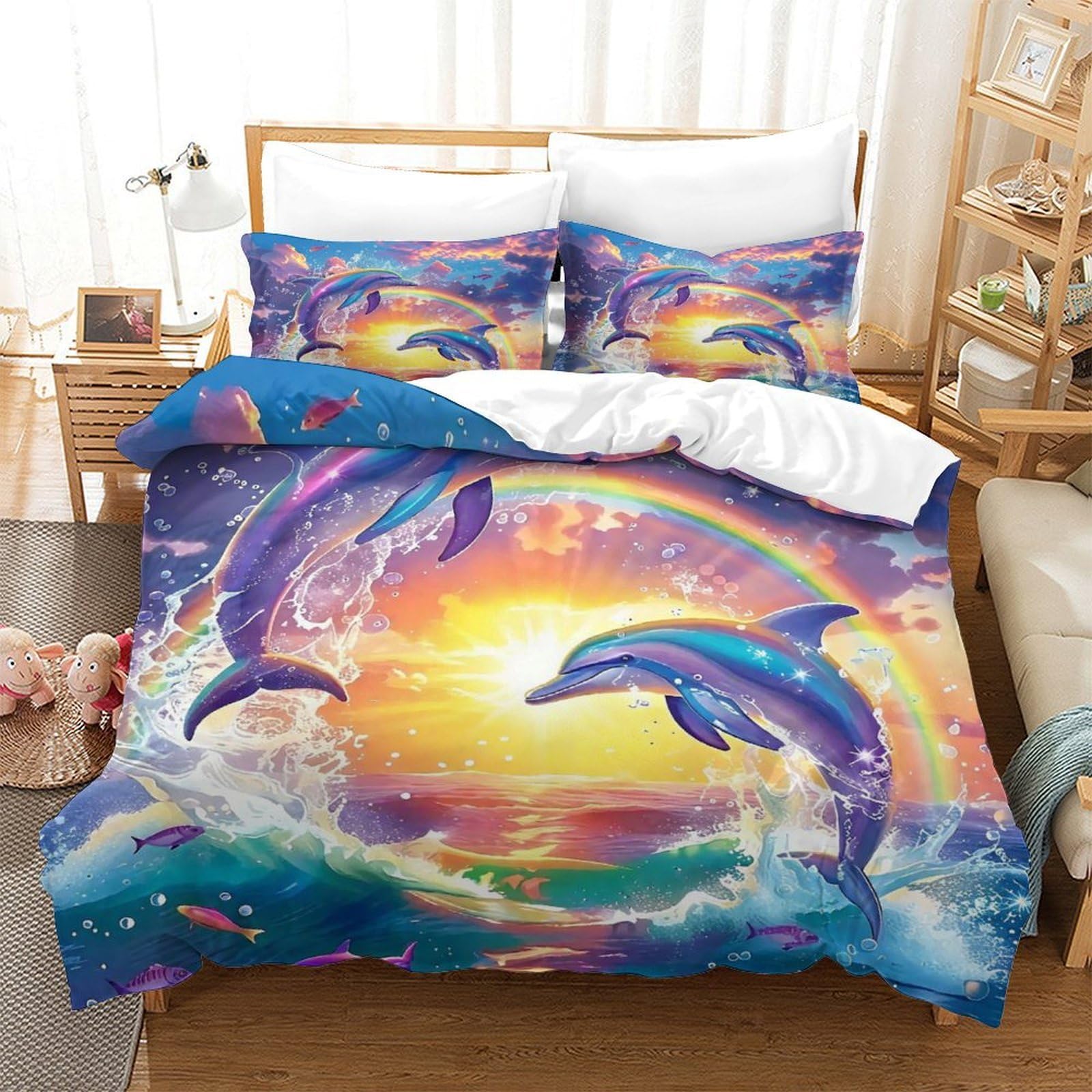 YYVKPMLXC Dolphin Duvet Cover Set,Sunset Wave 3D Bedding Set Easy Care Quilt Cover 3pcs, Comforter Cover with Zipper Closure for Girls Boys Children Bedroom Decor Double（200x200cm）