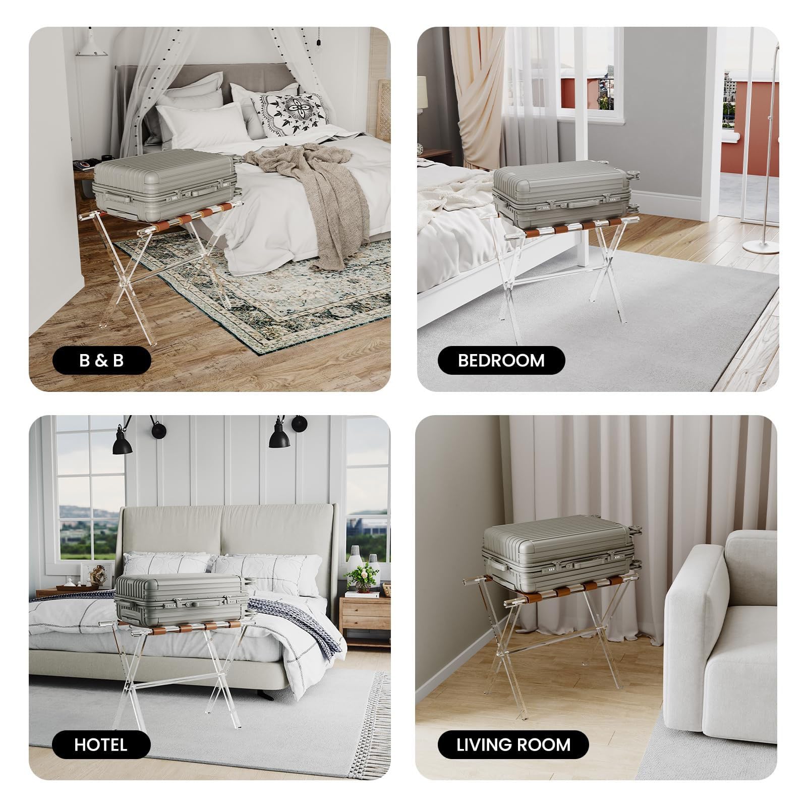 Porte-Bagages en Acrylique for Chambre d'amis - Support De Valise Pliable avec Sangles en Cuir for Chambre À Coucher,Robuste, Support De Valise Pliable, Léger Et Peu Encombrant(B)