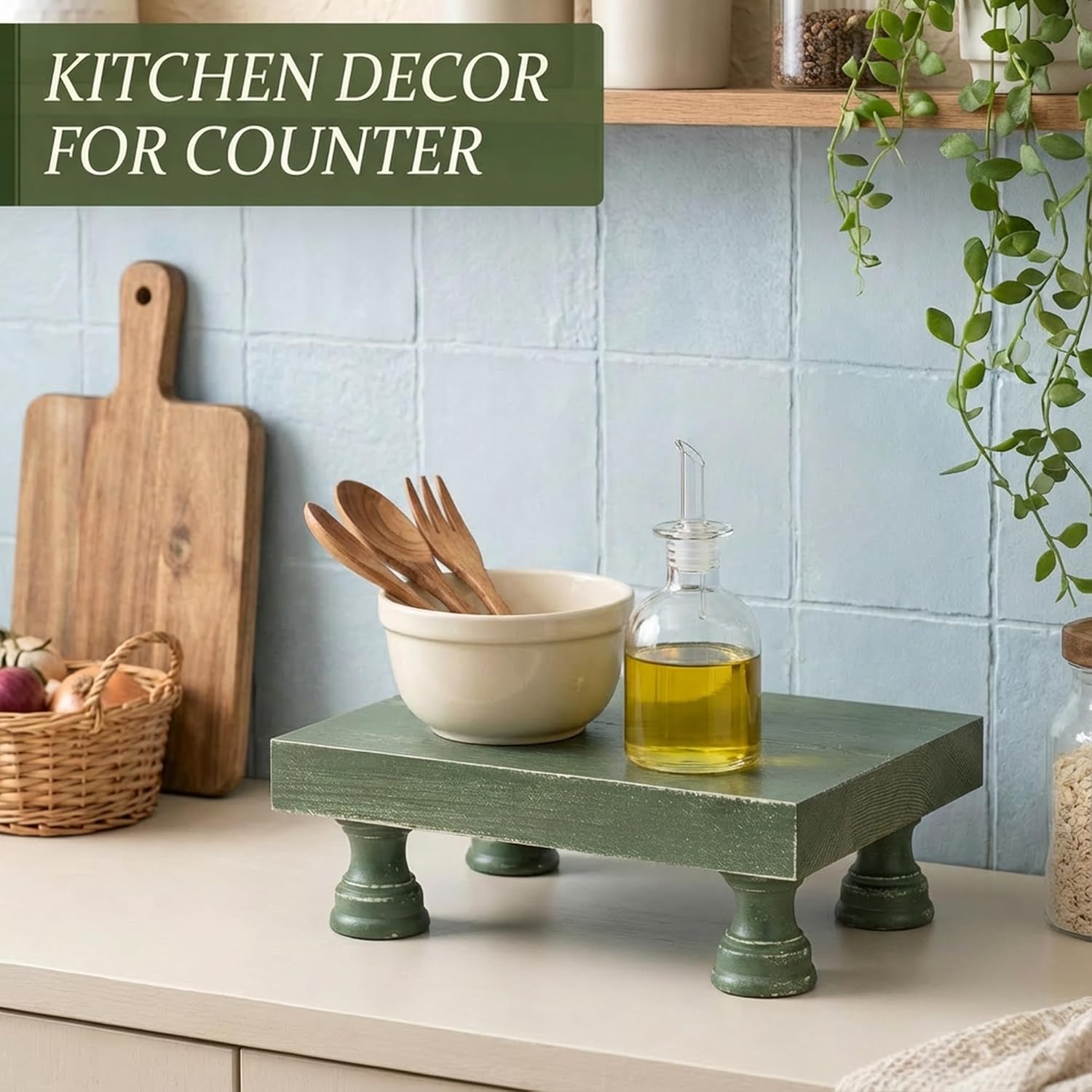 EOSAHR Pine Wood Riser Display Stand for Coffee Table – Stylish Pedestal Stand to Showcase Your Bathroom Accessories – Farmhouse Home Decor for Displaying Plant, Cupcakes and Soap Dish (Green)