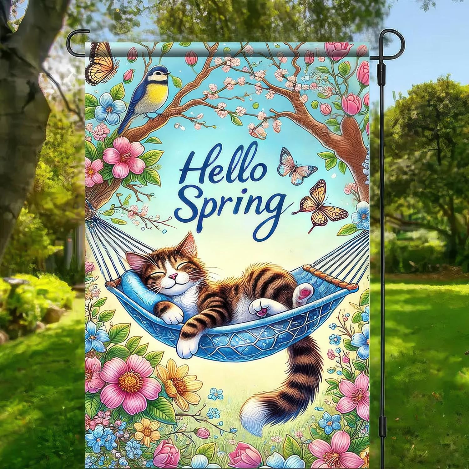 Hello Spring Garden Flag 12x18 Inch Double Sided Sleeping Cat Seasonal Yard Flag Welcome Spring Wedding Decor for Farmhouse Holiday Outdoor Hello Summer Spring Decoration - Image 4