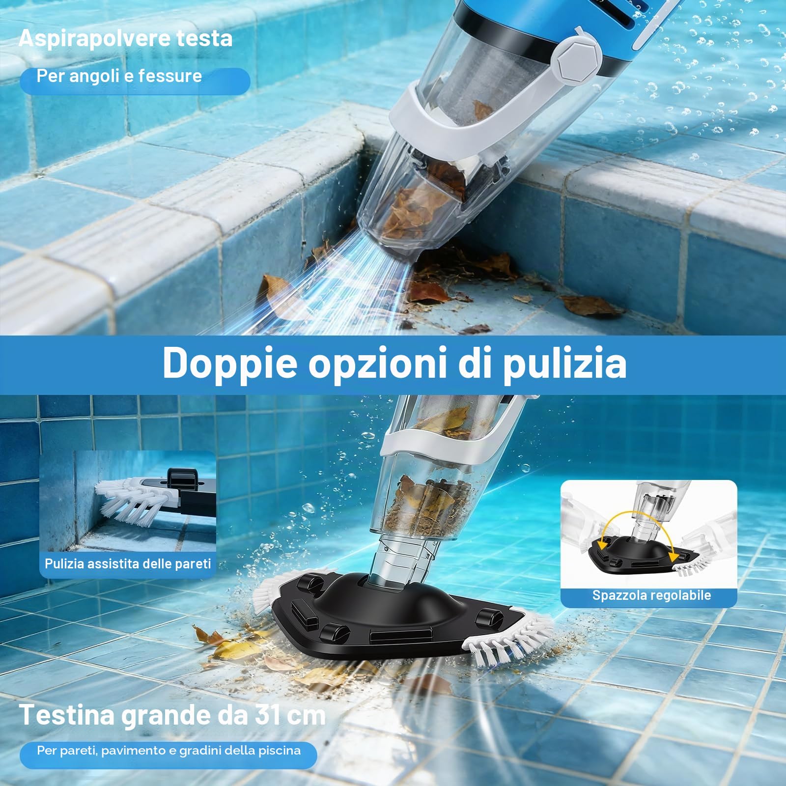 Potente Aspirapiscina con Batteria, Aspiratore Piscina Ricaricabile, Aspirazione 40L/min, Asta Telescopica 131–199cm, 2 Filtri Forte Aspirazione per Piscine, Vasche, Spa