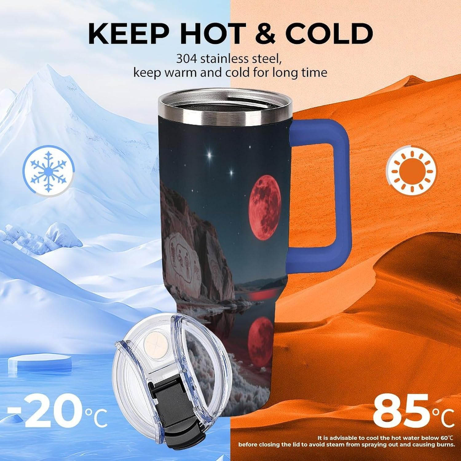 40 Oz Insulated Mug with Handle Lid And Straw Red Rock Paintings And A Red Moon Pattern Large Metal Sports Bottle Great for Gifts Parties Office Coffee