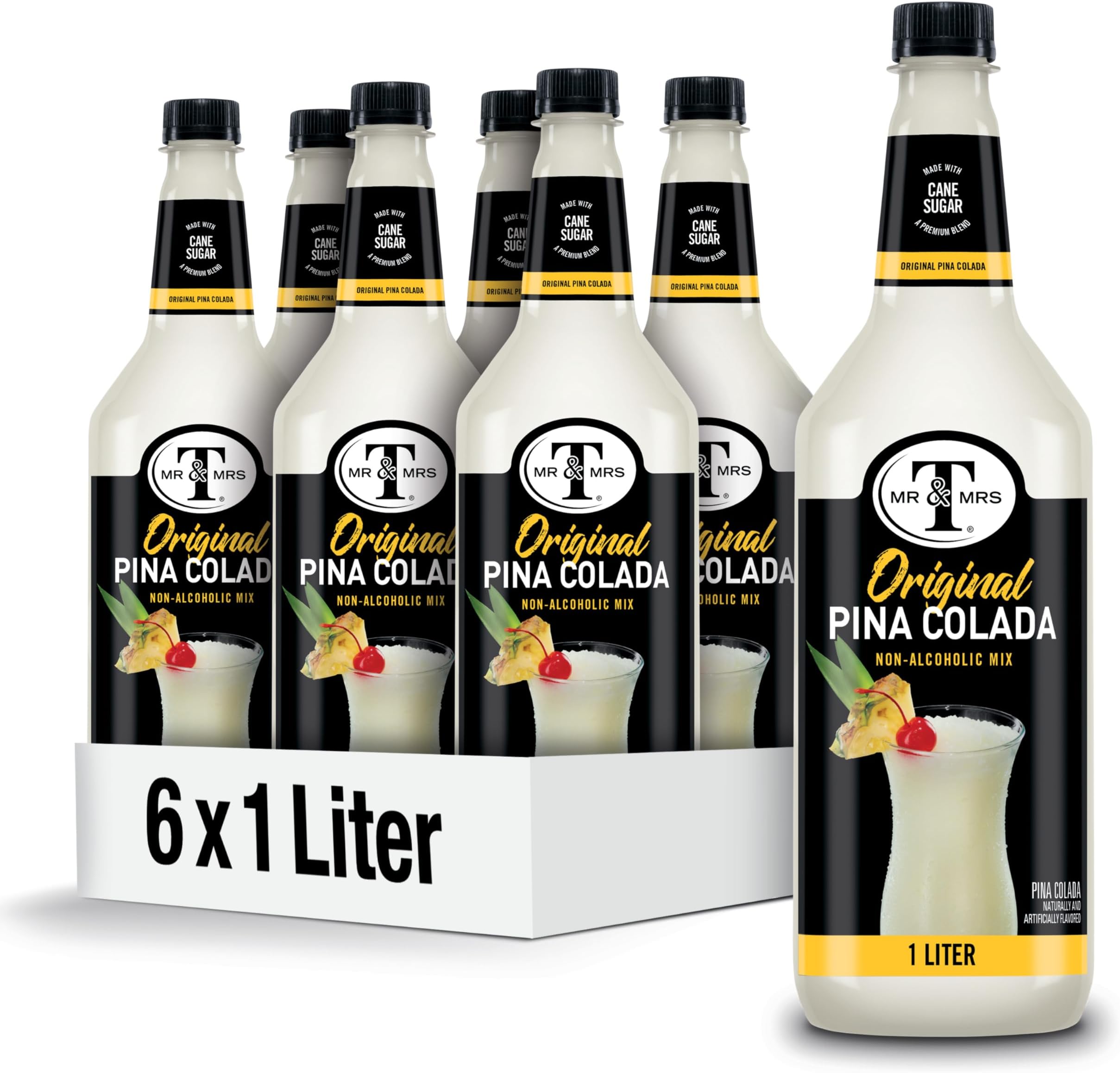 Mr & Mrs T Pina Colada Mix, 1 L bottle (Pack of 6), Pineapple and Coconut Blend Flavored Cocktail Mixer, Made with Cane Sugar, Perfect for Traditional Pina Colada and Mocktail Drinks