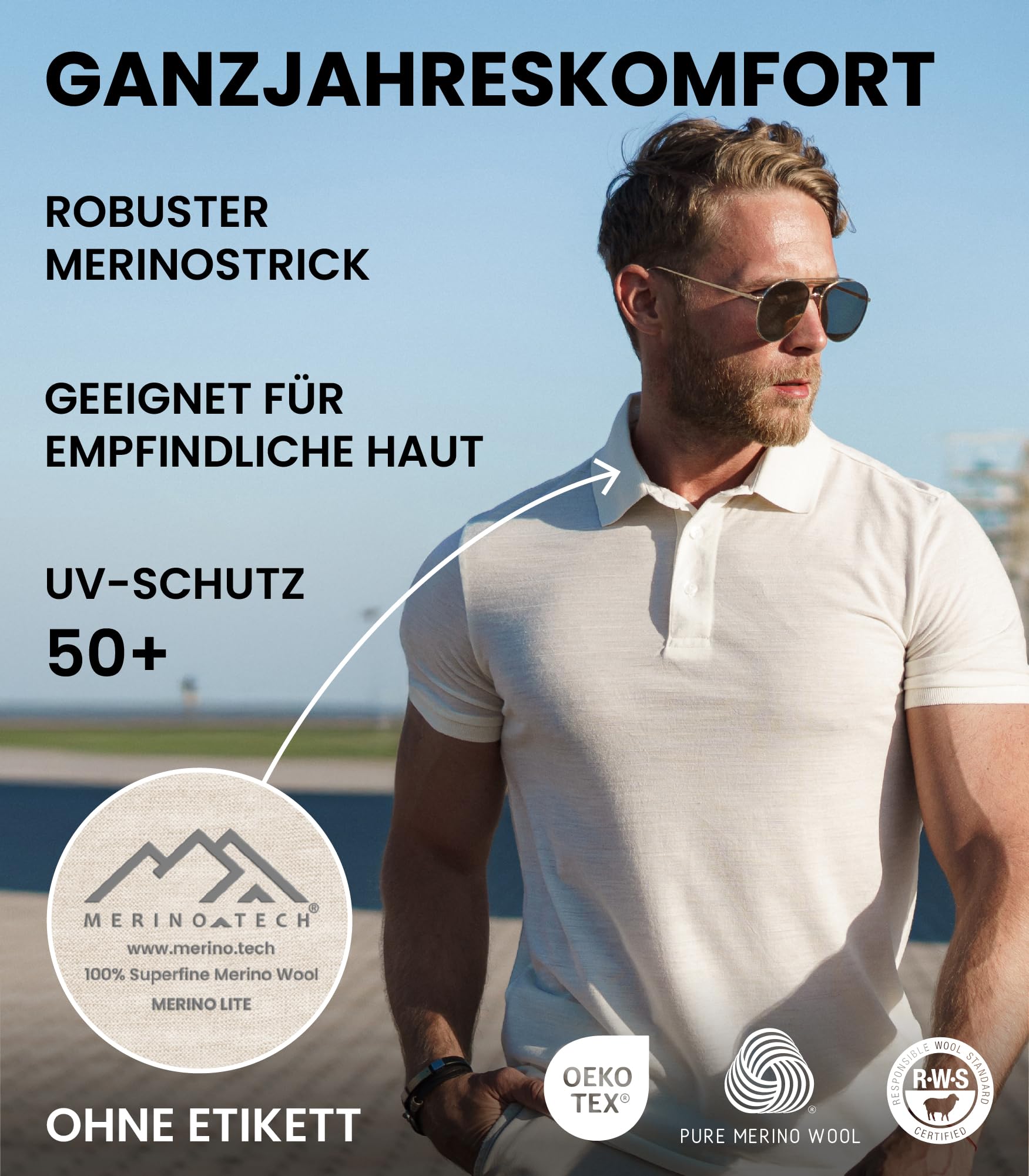 100% Merino Poloshirt Herren - Outdoor Atmungsaktiv Merino Shirt Herren Kurzarm Polo und Langarm Polo Regular Fit (Creamy Polo, Large)