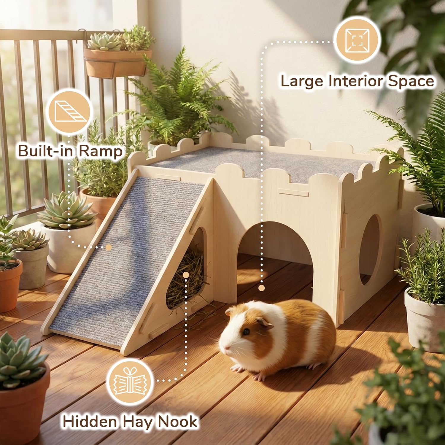 Guinea Pig Hideout Wooden House with Ramp, Small Animal Castle with Multiple Entrances and Built-in Hay Nook, for Guinea Pig, Chinchilla