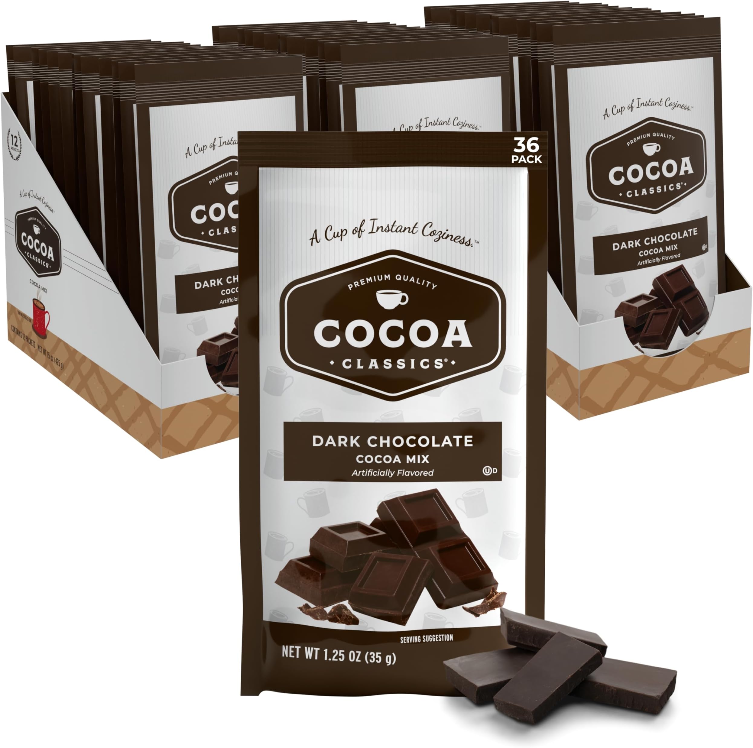 Cocoa Classics Dark Chocolate Cocoa Mix, Sweet, Smooth, Intense Dark Chocolate Flavored, Make Hot or Iced Cocoa, Gluten Free, Kosher Dairy Friendly, 1.25oz Packets (Pack of 36)