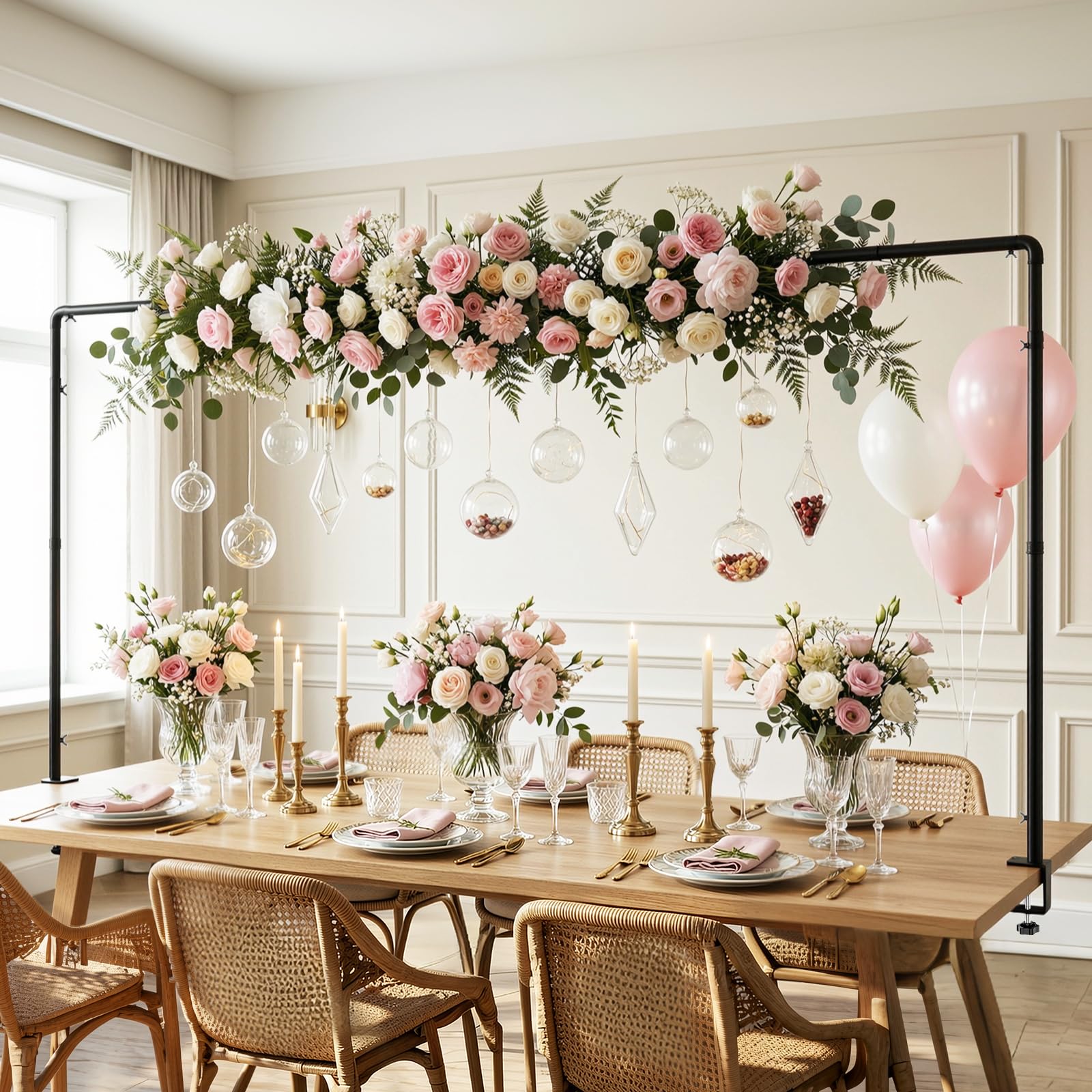 Lewondr Over The Table Rod Stand with Clamps, Adjustable 34"-50"-65.7" Tall 34.6"-113" Length, Table Balloon Arch Stand for Wedding Birthday Party Backdrop, Black Table Arch Frame Hanging Decor Rod