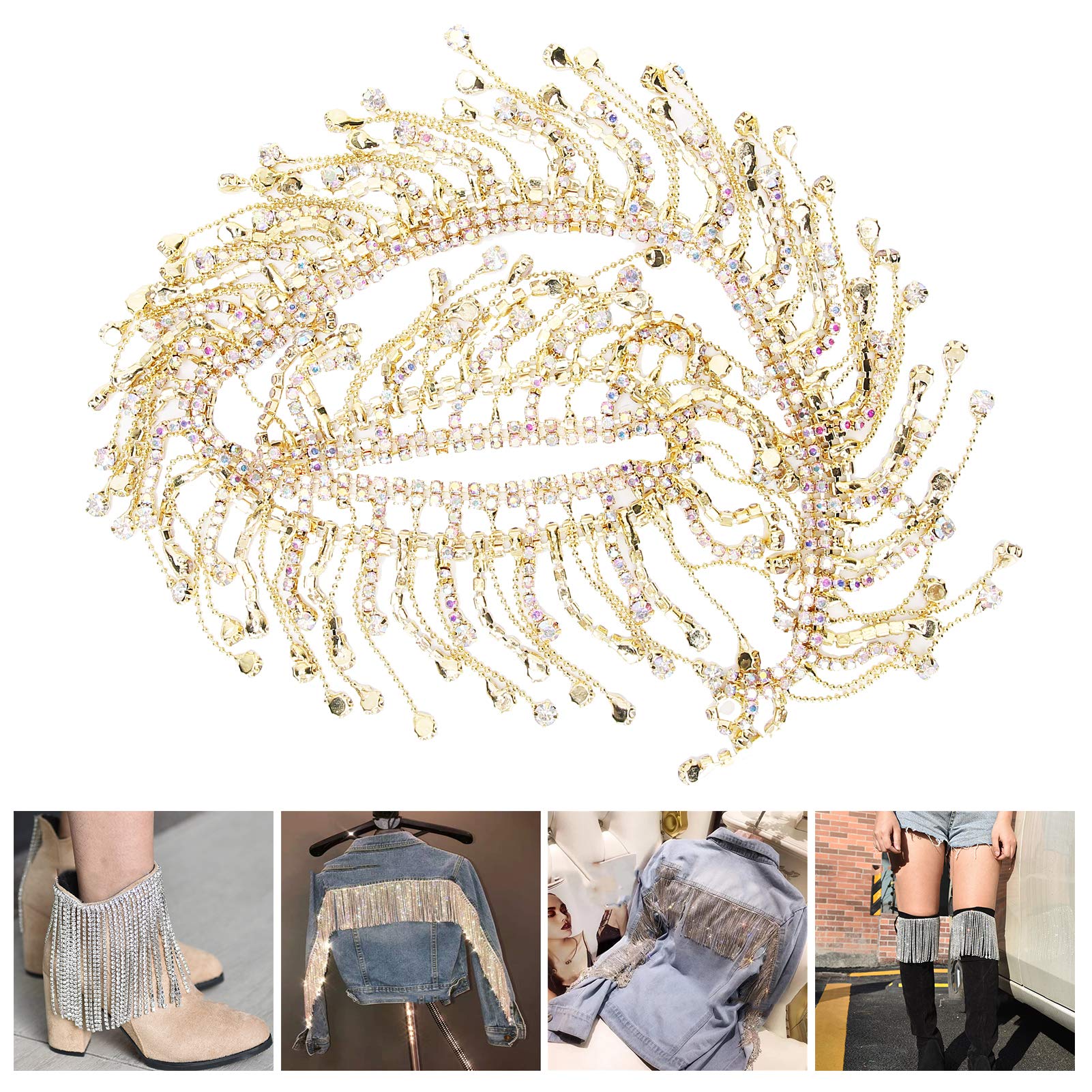 Hztyyier Rhinestone Tassel Chain Crystal Fringe Trim Close Chain Applique for DIY Sewing Crafts Clothing Bag Necklace Decoration (Gold AB color) - Image 3