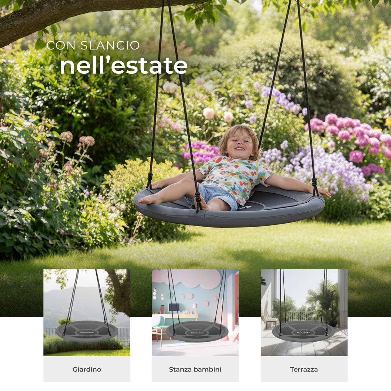 tectake® Altalena a Nido, Altezza Regolabile, Altalena Dondolo da Giardino per Bambini e per Adulti, Giochi da Giardino, Portata 120 kg - Ø 120 cm
