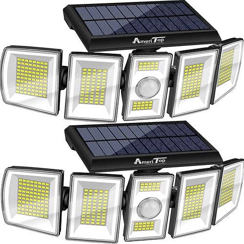 Miniatura 9 de AmeriTop Luces solares para exteriores, 300 LED, 7000 K, con sensor de movimiento, inalámbricas 5 cabezales ajustables, iluminación gran angular de