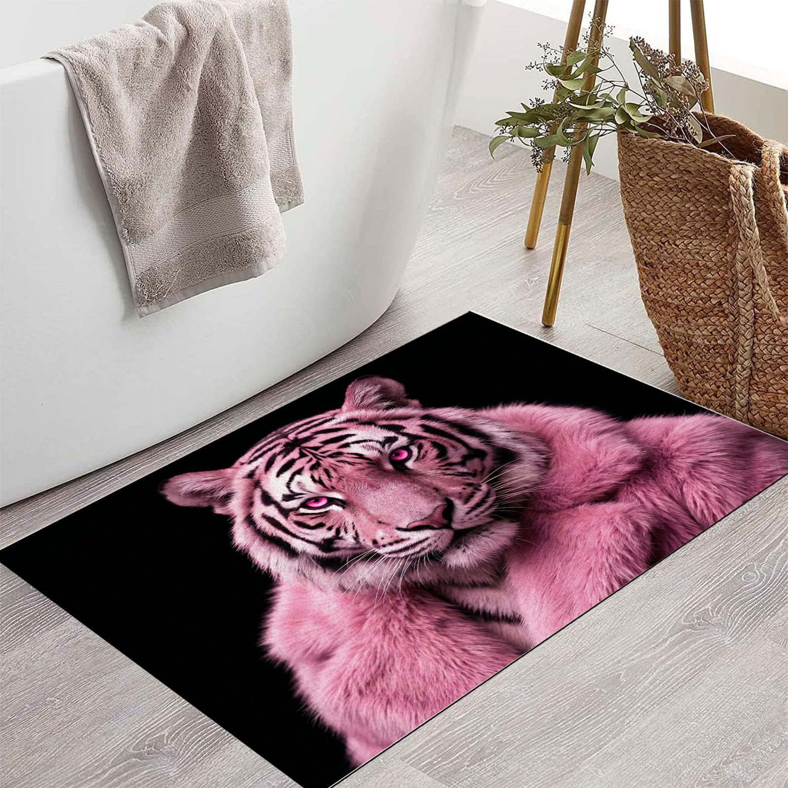 Zerbino Ingresso Interno Ritratto Di Tigre Rosa Alla Moda, Zerbino Di Benvenuto Lavabile Morbida Animali D'Avanguardia, Antiscivolo Tappeto Da Decorazioni Nero Per Casa Porta, 60X90Cm