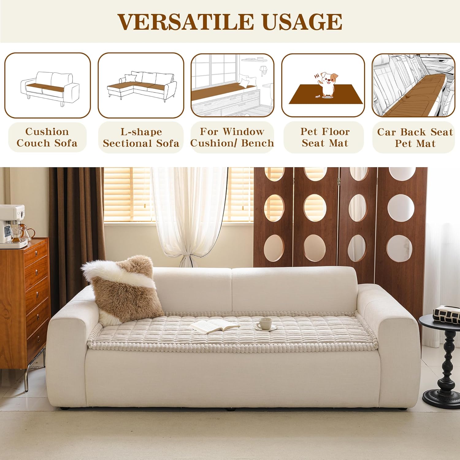 MYSKY HOME Couch Covers for 3-4 Cushion Sofa Pet Friendly, Couch Cover for Dogs, Sofa Covers for Pets Washable, Soft Non-Slip Sofa Slipcovers Furniture Protector Covers, Oatmeal, 27.6" x 82.7"