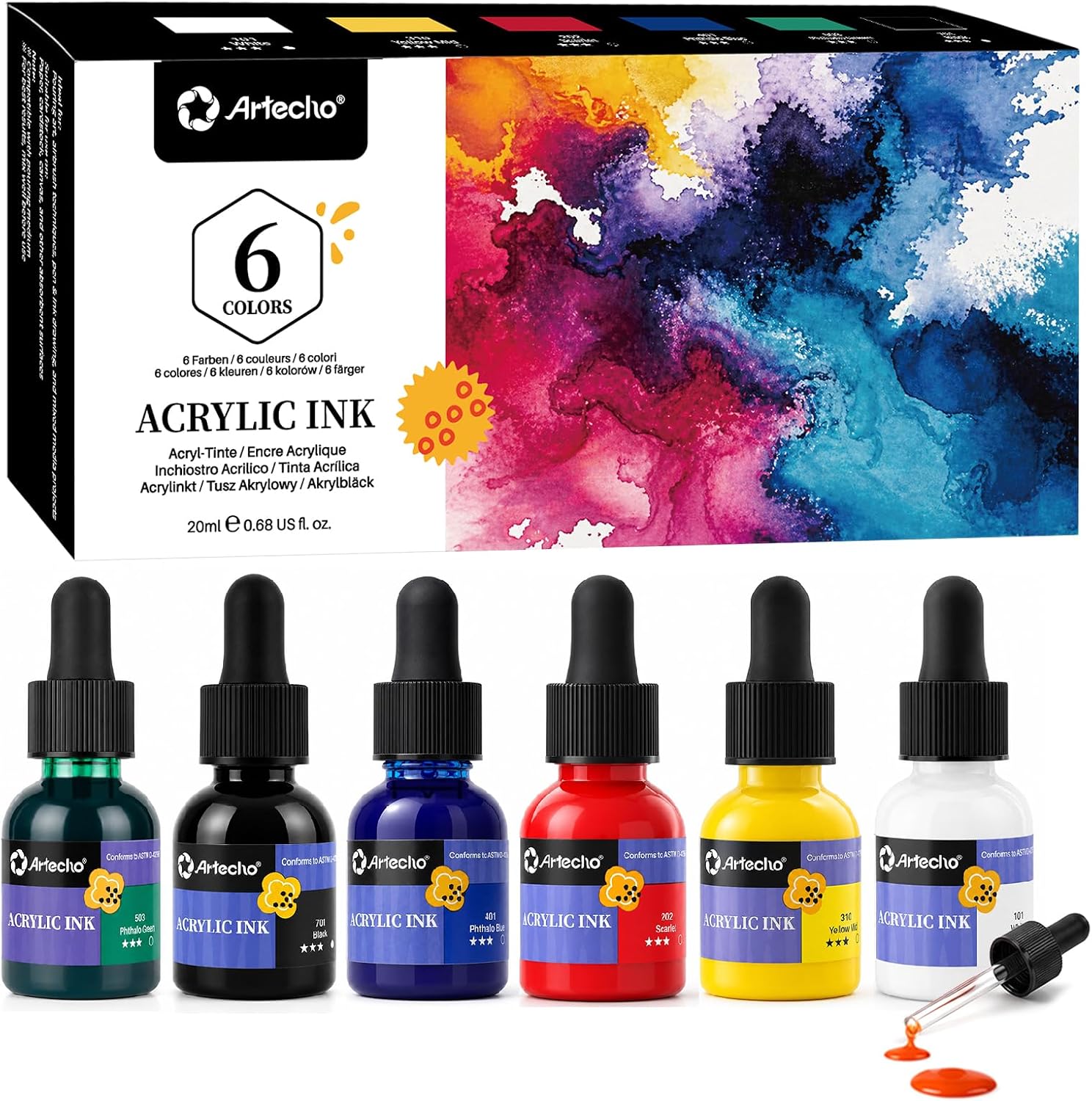 Artecho Acrylic Ink Set, 18 Colors, 20ml Dropper Bottles