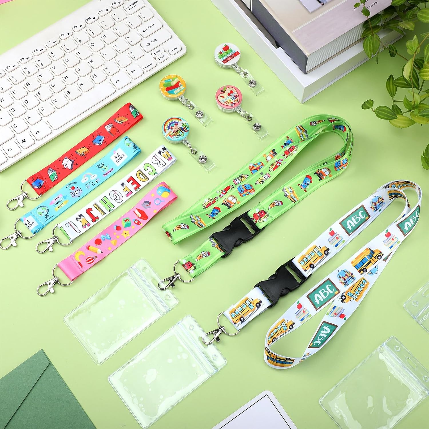 Tellingyou 40 Pcs Teacher Lanyard Set Include 10 Neck Lanyards 10 Keychains Wristlet Strap 10 Retractable ID Badge Holder Badge Reel 10 Clear Card Holders Teacher Appreciation Gift Set for Party