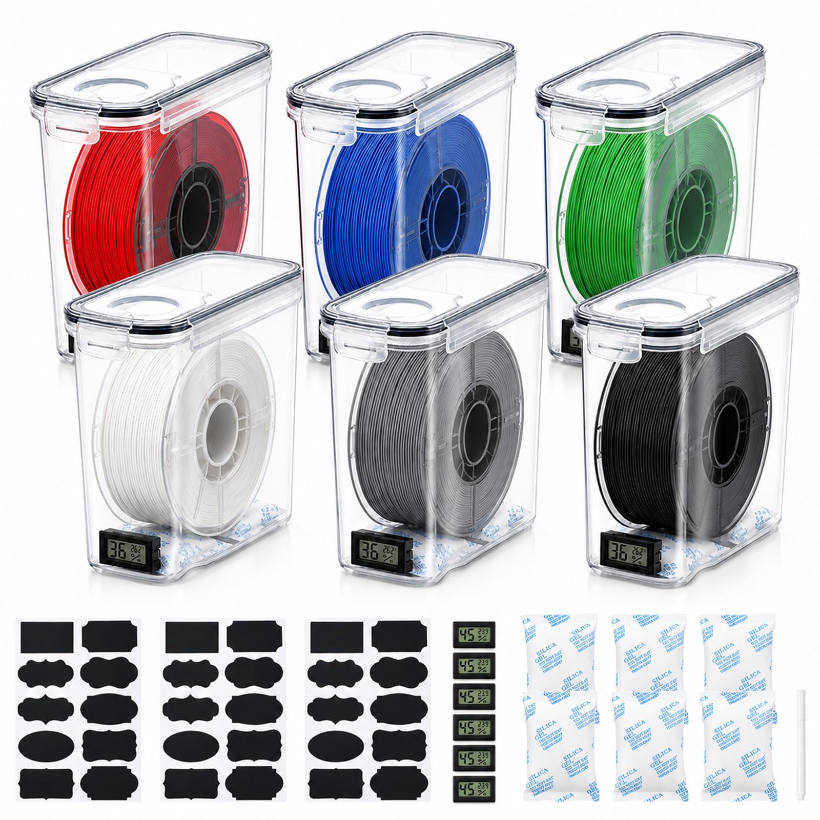 Filament Aufbewahrungsbox 6PCS für 3D Druck,Sichtbar Luftdichte Dry Box mit Temperatur & Feuchtigkeitsmonitor, Trockenmittel-Packs, Etiketten & Stift,Feuchtigkeitsdicht für PLA, PETG, TPU, ABS Spulen