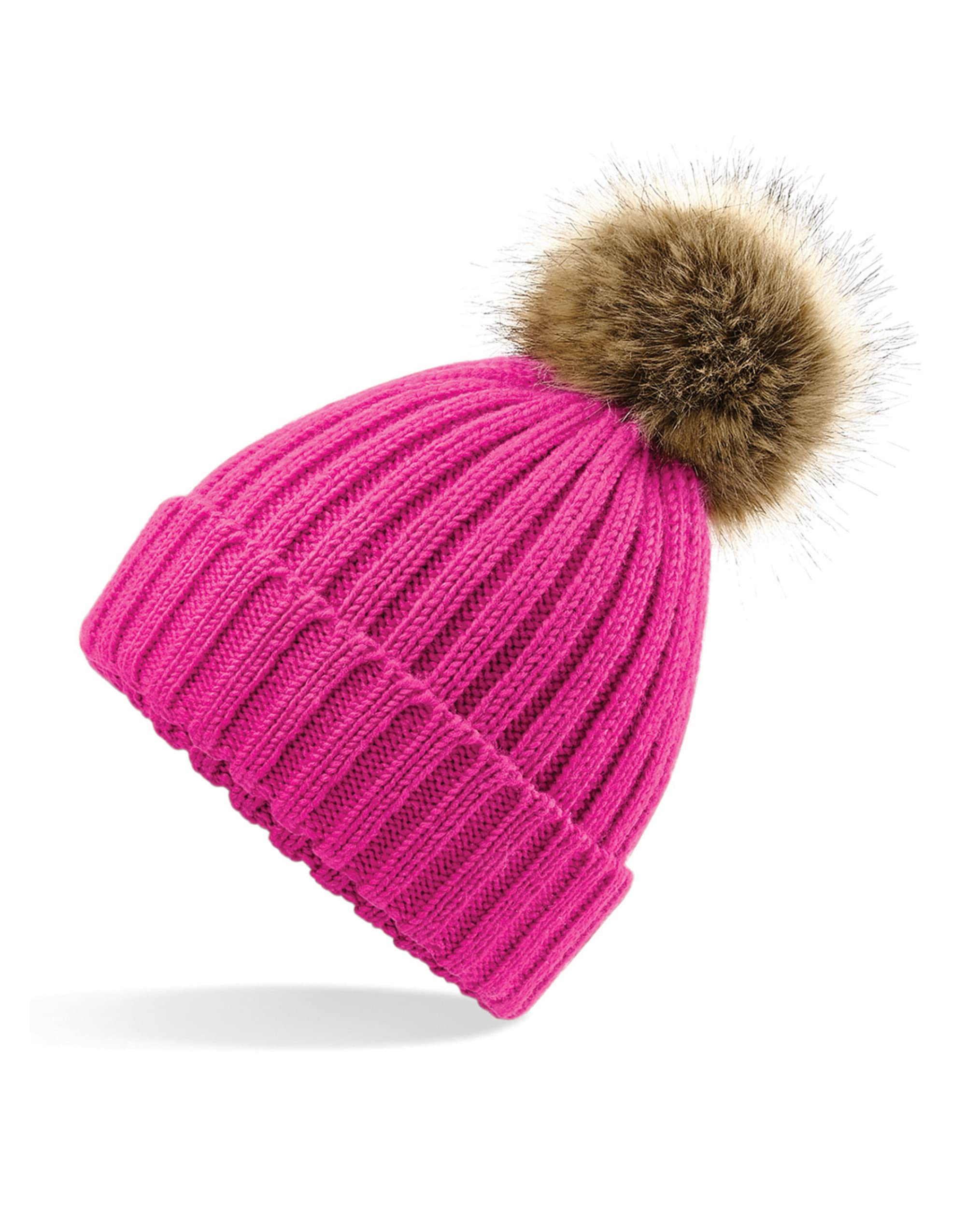 Aremie Women's Fuchsia Beanie Hat, Warm Winter Hats With Faux Fur Bobble Pom Pom, Chunky Rib Knitted Wooly Beanies Cap, Pink