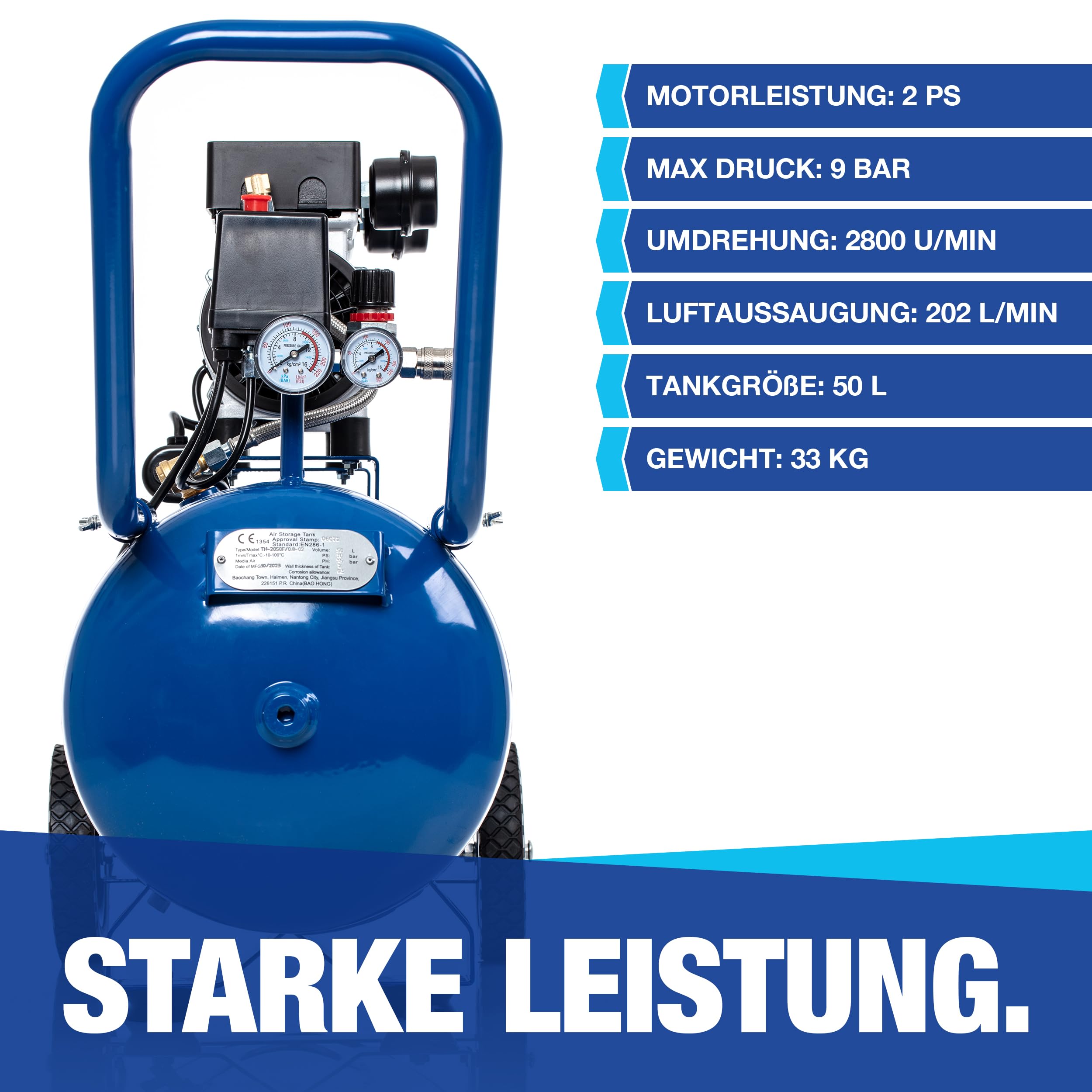 NTG Silent Compresseur 9 bars | Réservoir de 50 litres | Puissance puissante 1470 W | Sans huile | Particulièrement silencieux et flexible à utiliser avec manomètre et régulateur de pression Réservoir