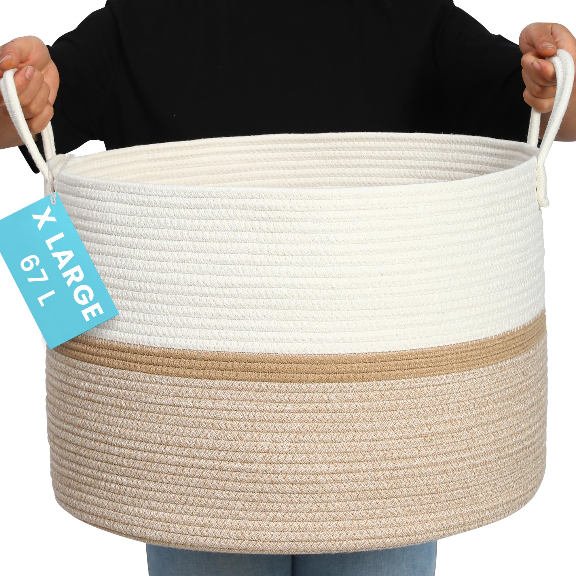 Organihaus Extra Large Rope Toy Basket for Kids Storage, 67L Woven Rope Laundry Bin for Blankets, Dog toys, Clothes - Bedroom, Bathroom and Living Room Hamper, 50x30cm, Striped Honey — image 1