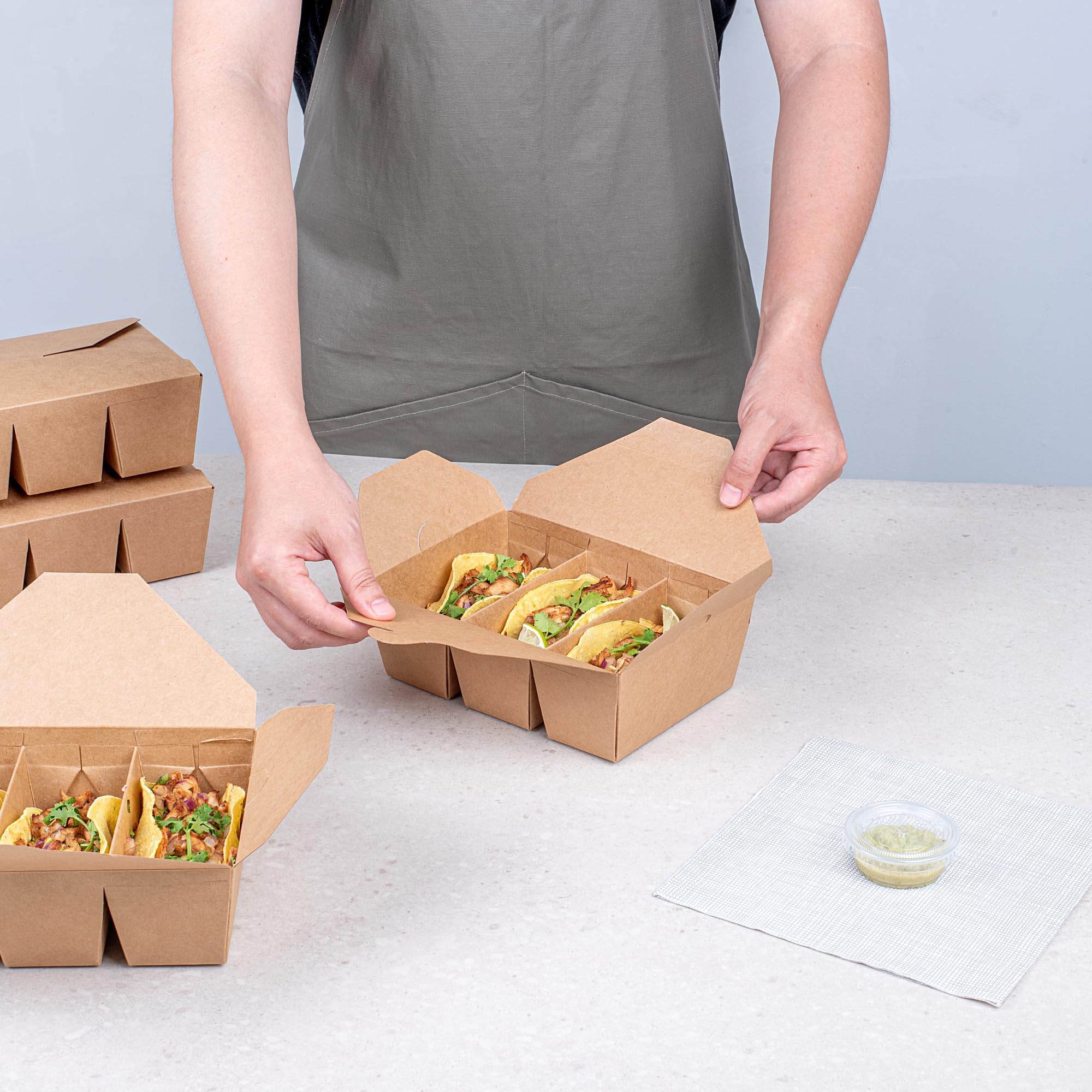 Restaurantware -Bio Tek - Contenedores de tacos de 7.5 x 5.5 x 2 pulgadas, 100 cajas desechables para tacos – 3 compartimentos, congelables, contenedores de papel kraft, tapa de bloqueo de pestañas,