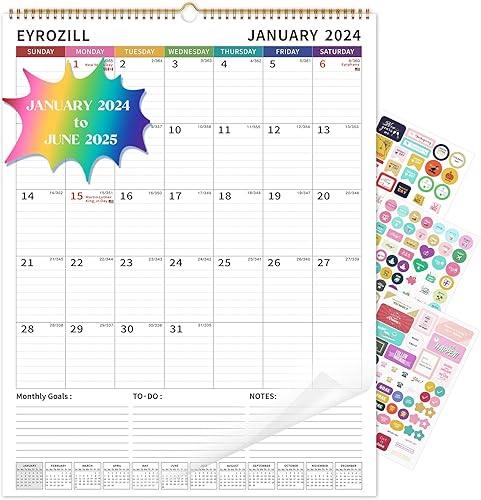 Calendario de pared grande 2024-2025 de 17 x 22 pulgadas con espiral, calendario de 18 meses de enero de 2024 a junio de 2025, calendario mensual