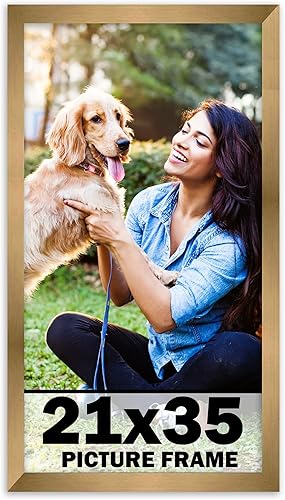 CountryArtHouse Marco de 21 x 35 pulgadas de madera maciza de bronce dorado, ancho de moldeo de 0.75 pulgadas, incluye plexiglás acrílico UV,
