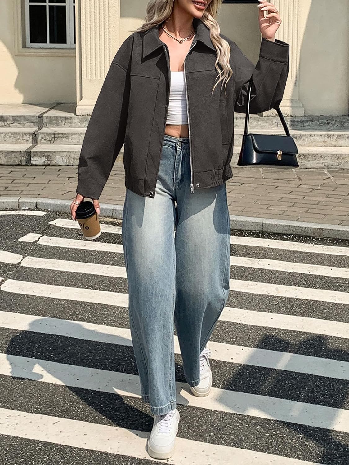 Tankaneo Women's Faux Suede Motorcycle Jackets Oversized Zip Up Bomber Coats Fall Fashion Winter Outerwear - Image 6