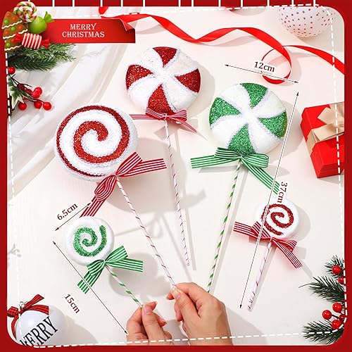 Miniatura 4 de Wettarn 12 púas de árbol de caramelo de Navidad con cinta, decoraciones de Navidad de 5.9 y 14.5 pulgadas, adornos de bastones de caramelo con