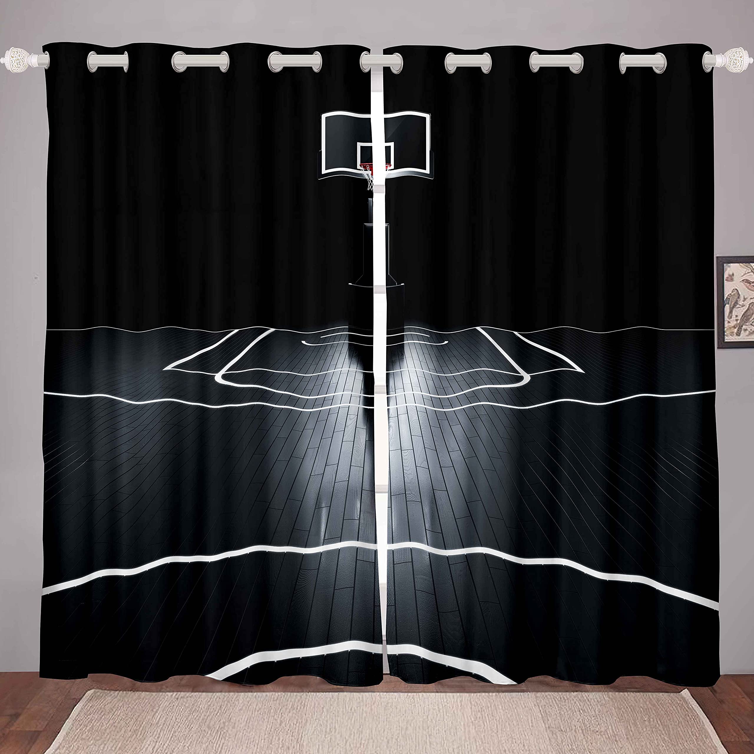 Basketball Curtains For Boys Bedroom Kids Teens Ball Sports Window Curtains Basketball Court Window Drapes Living Room Decor Games Competition Theme Window Treatments Black White 52x96 Inches,2 Panels