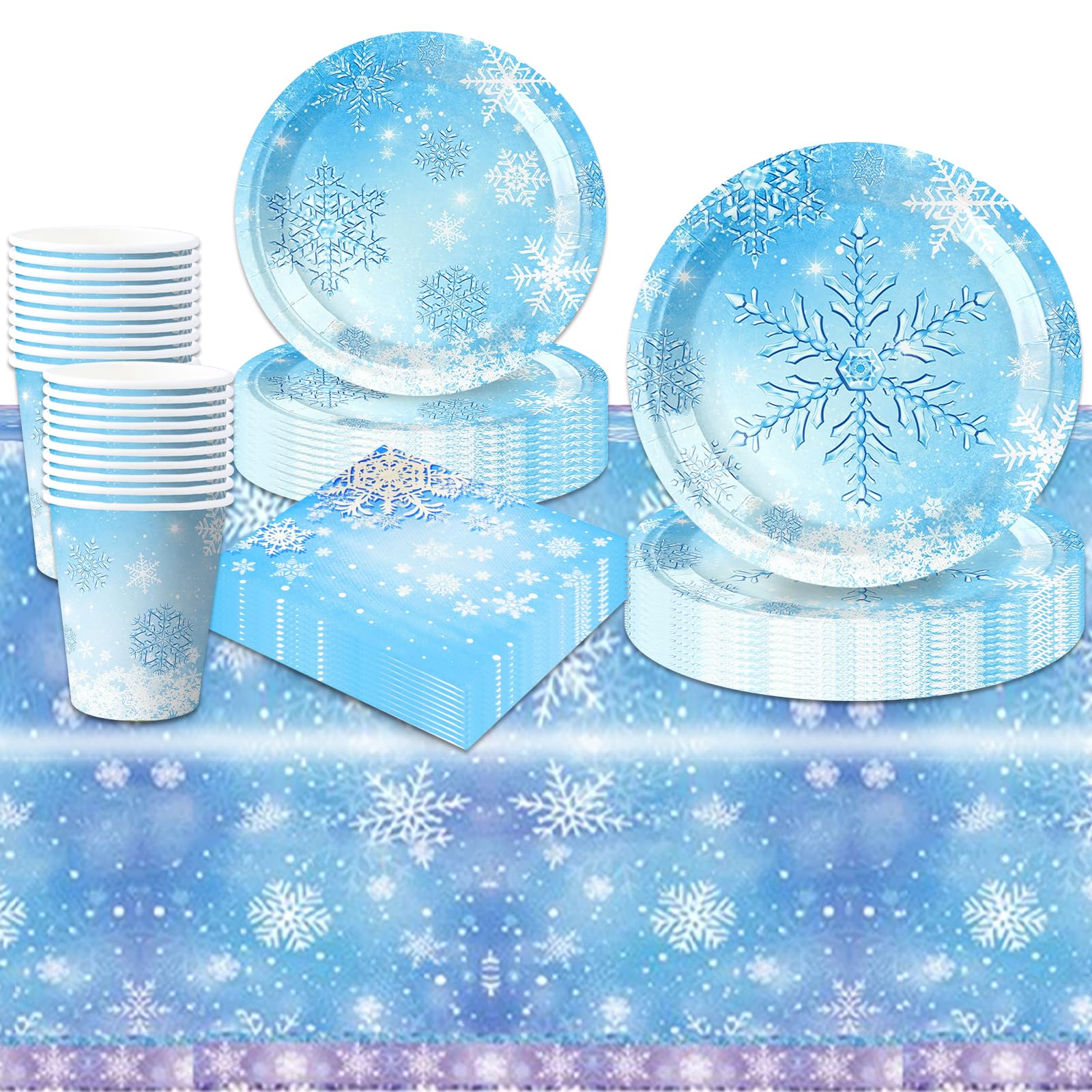 81Pcs Birthday Decorations, Frozen Party Decorations Kids' Party Tableware Set, Snowflakes Theme Birthday Party Plates Cups and Napkins Tablecloth 20 Guests