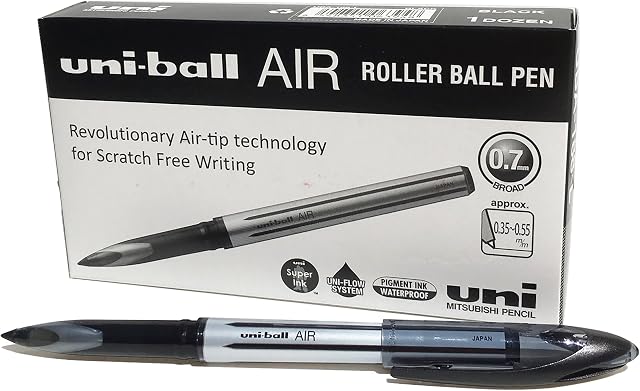 Uni-Ball 190504000 UB-188-L Fountain Pen Tip 0.7mm Air Rollerball Pens, Black Gel, 12 Pack