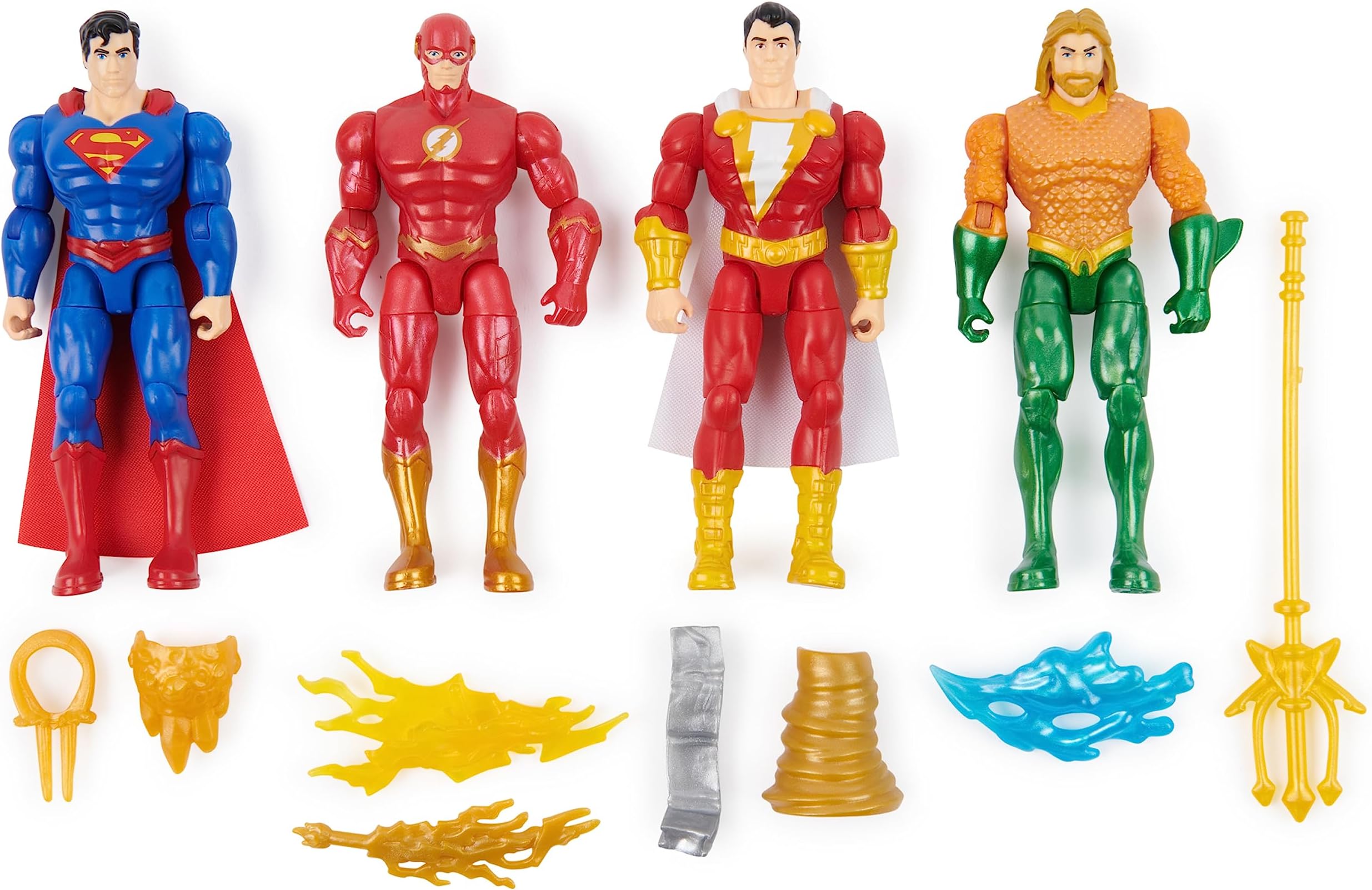 DC Comics Action Figures 4 Pack Superman The Flash Shazam Aquaman 4" Figure Accessories Superhero Kids Toys Boys Girls Ages 3+