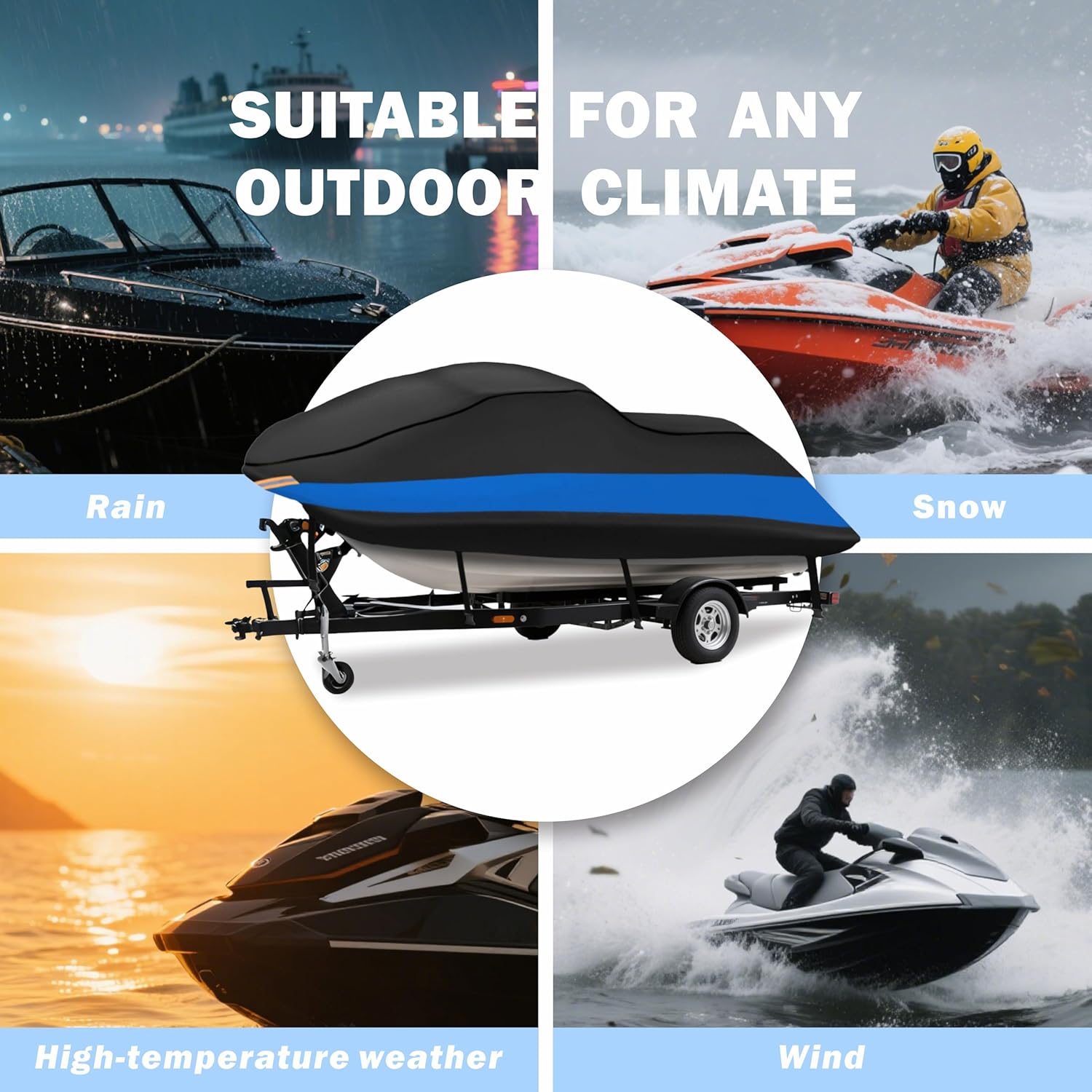MORNYRAY Waterproof Jet Ski Cover - Heavy Duty Trailerable PWC Cover with Air Vents UV Resistant Compatible with Yamaha Seadoo K&S, Jet Ski Covers. (Blue, Fit from 115"-120" (1-3 Seater))