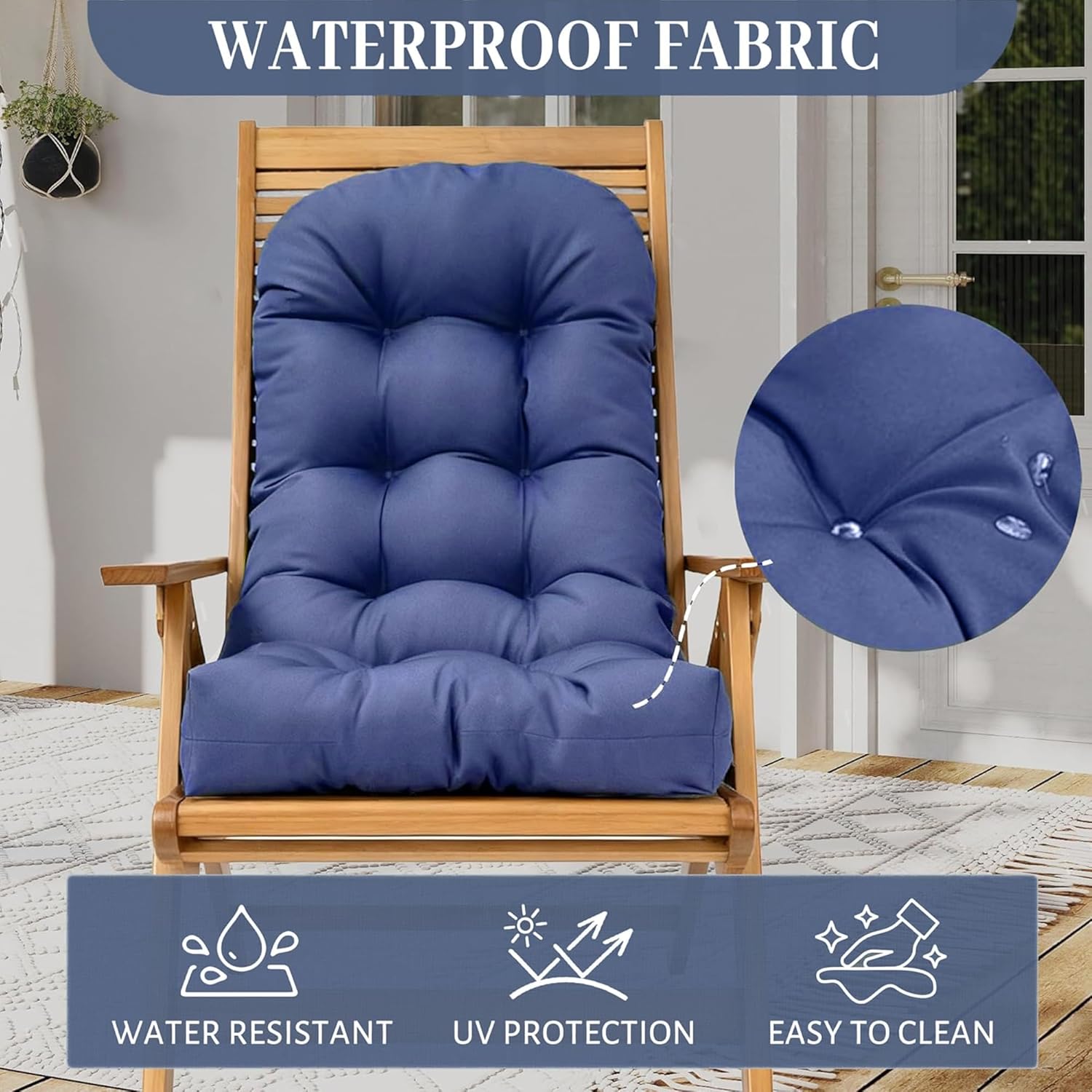 Rocking Chair Cushion Adirondack Chair Cushion, High Back Patio Cushions Overstuffed Seat Back Cushion Pad for Outdoor Patio Furniture Chair Pads with Ties, Sunscreen and Fade-Resistant Blue