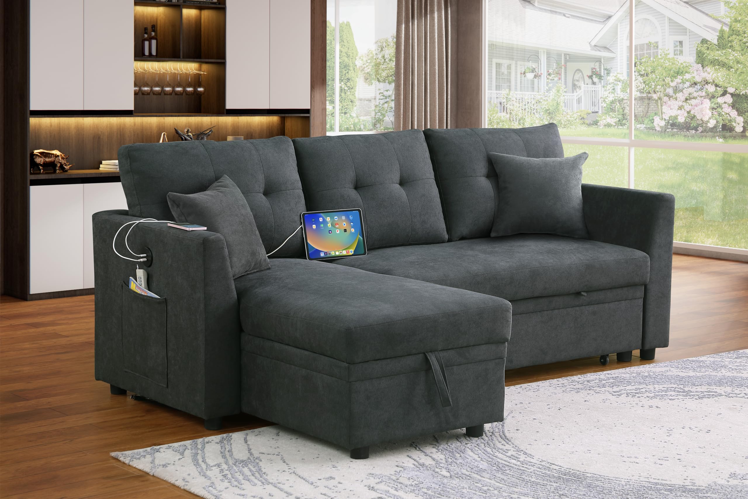 Eafurn Pull Out Sleeper Sectional Sofa Couch Bed - L Shaped Convertible ...