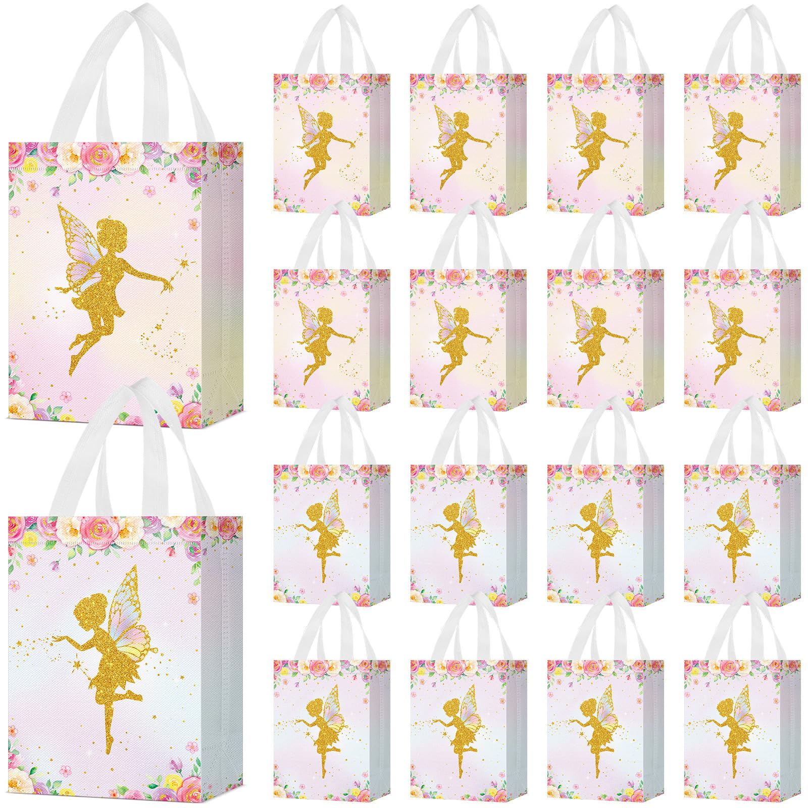 Locmeo 24 Pcs Floral Fairy Party Favor Bags with Handles Reusable Non Woven Floral Fairy Goodie Bags Pink and Purple Candy Treat Gift Bag for Girl Boy