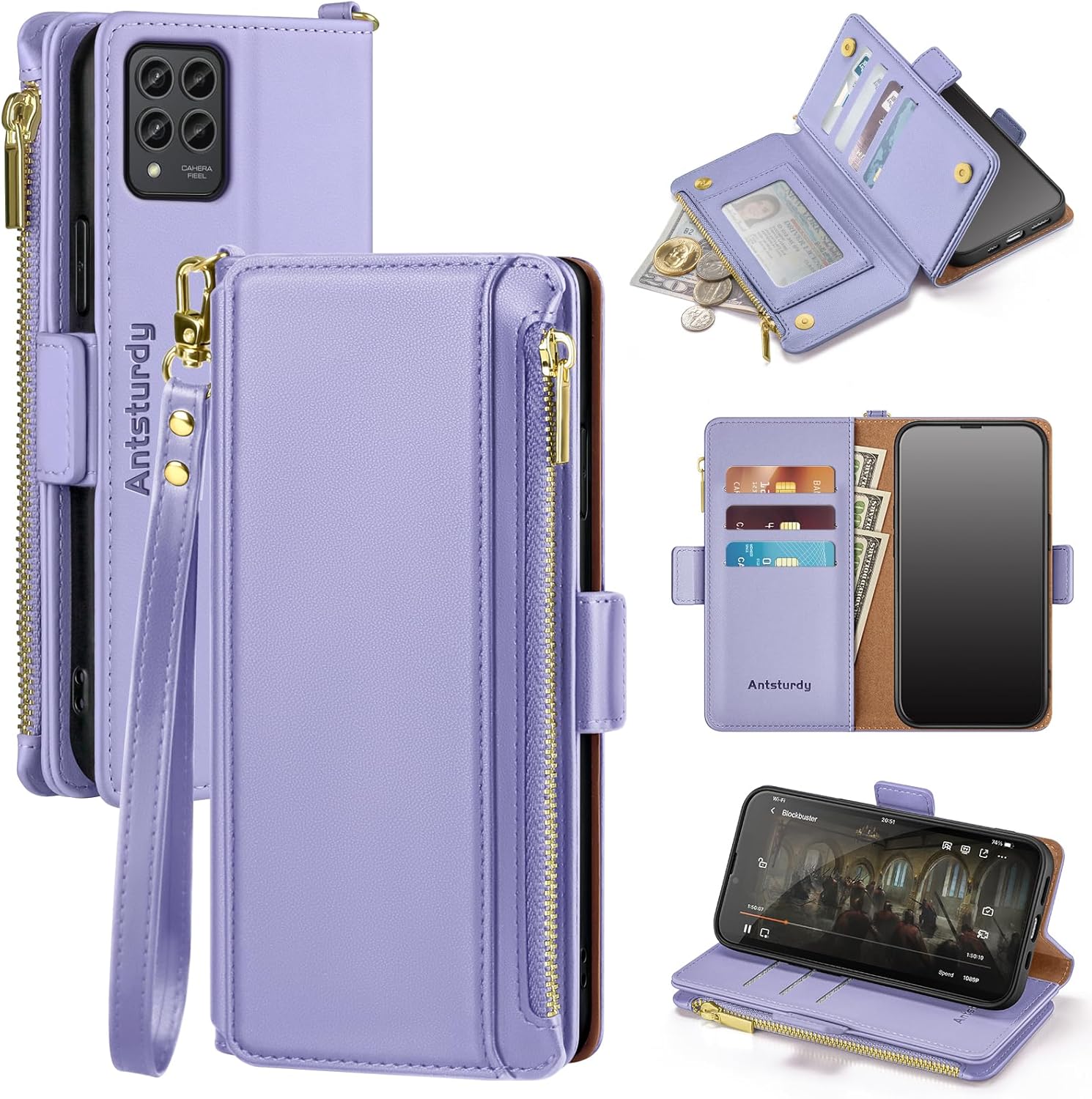 Antsturdy Compatible with T-Mobile Revvl 6 Pro 5G case Wallet with Card Holder for Women Men Phone case RFID Blocking PU Leather Flip Shockproof Cover with Strap Zipper Credit Card Slots,Light Purple