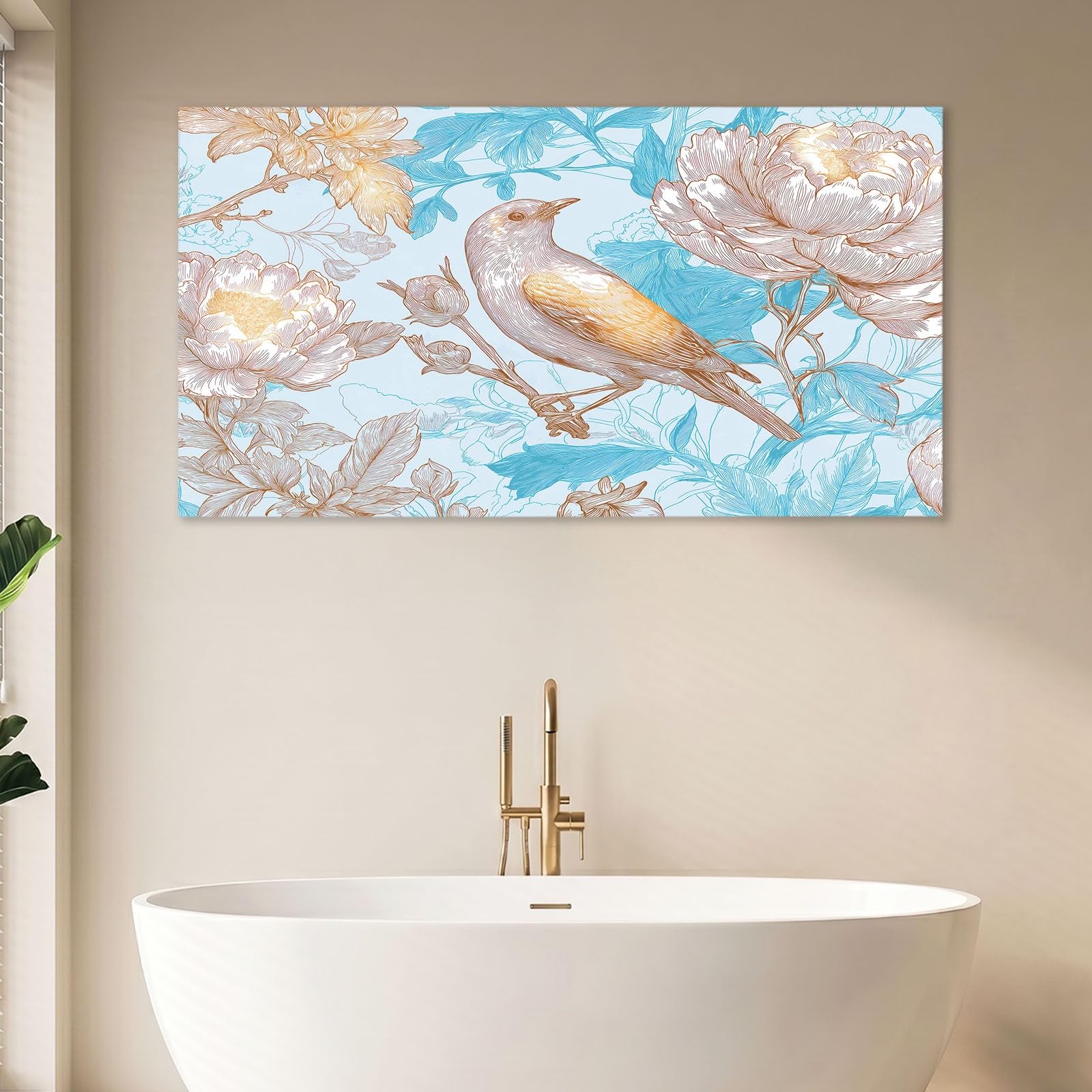 Obraz ścienny z ramą 120 x 80 cm, orientalny chiński, obraz na płótnie do salonu, sypialni, kuchni, biura - niebieskie kwiaty, ptak, gałęzie, liście, dekoracja ścienna