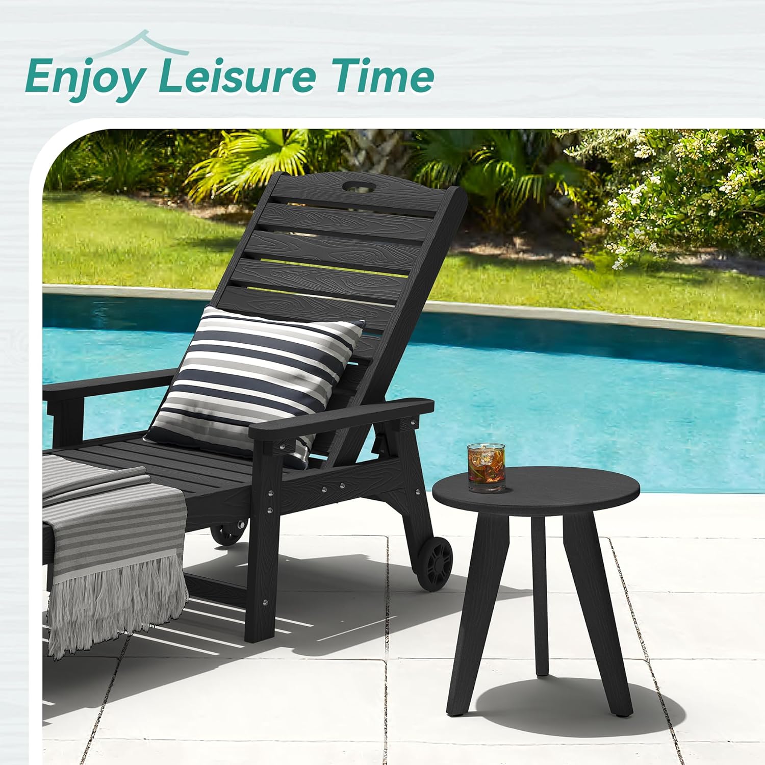 HDPS Outdoor Side Table, Small Round Side Table Weather-Resistant, Outdoor Side Tables for Patio, Porch, Deck, End Table for Plant Stand, Living Room, Bedroom, Black