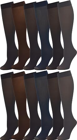Winterlace Womens Trouser Socks, Opaque Stretchy Nylon Knee High, Many Colors, 6 or 12 Pairs