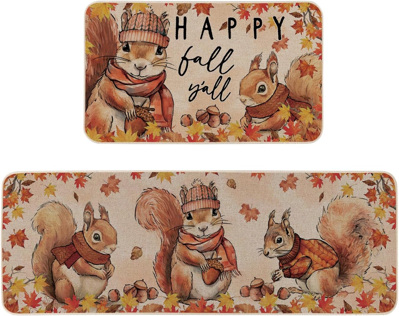 Moutina Happy Fall Y'all Squirrel Kitchen Rugs Set of 2, Seasonal Autumn Thanksgiving Holiday Home Decor Low-Profile Kitchen Mats for Floor - 17x29 and 17x47 Inch