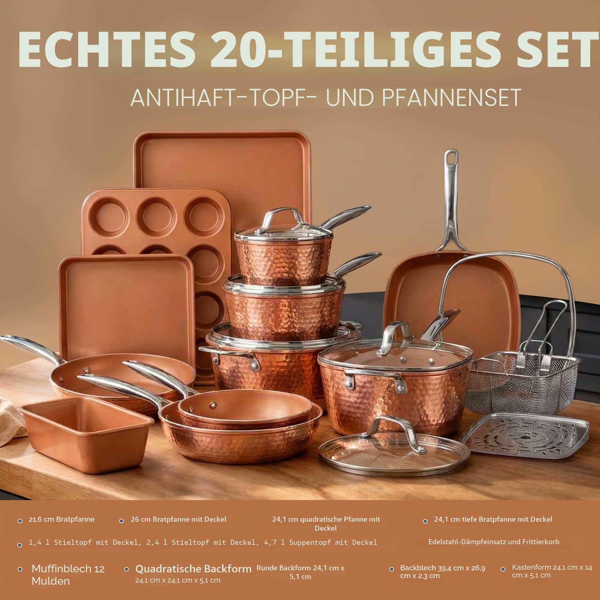 Gotham Steel Hammered Copper Collection - 20-teiliges Premium-Kochgeschirr- und Backgeschirr-Set mit Antihaft-Kupferbeschichtung, inklusive Bratpfannen