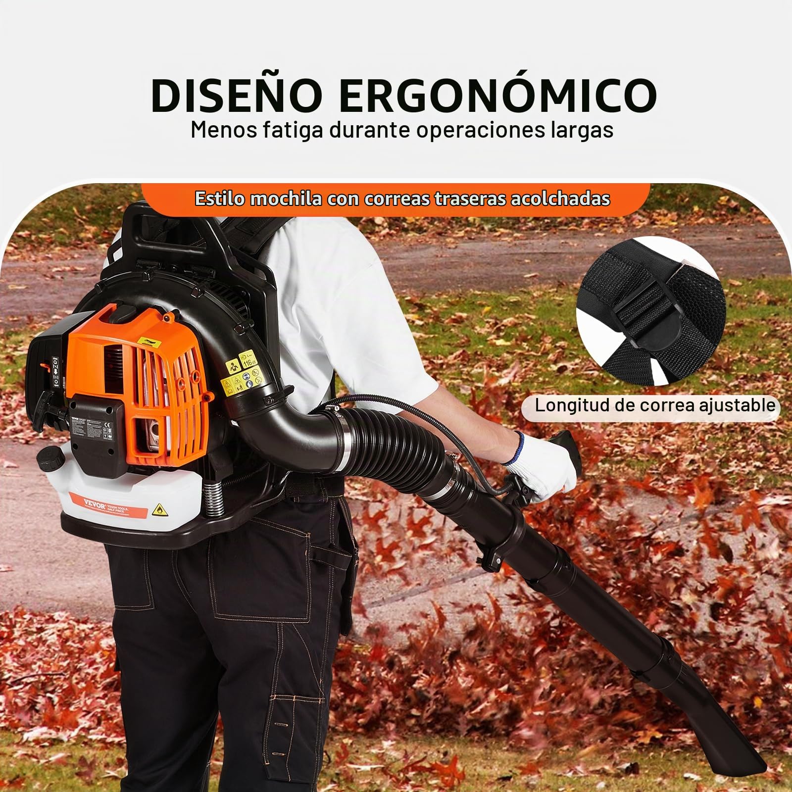 VEVOR Soplador de Hojas de Mochila, Soplador de Hojas de Gas de 2 Ciclos de 63 CC con Tanque de Combustible de 1,89 L, Volumen de Aire de 1110 CFM, Velocidad de 220 mph, para el Cuidado del Césped